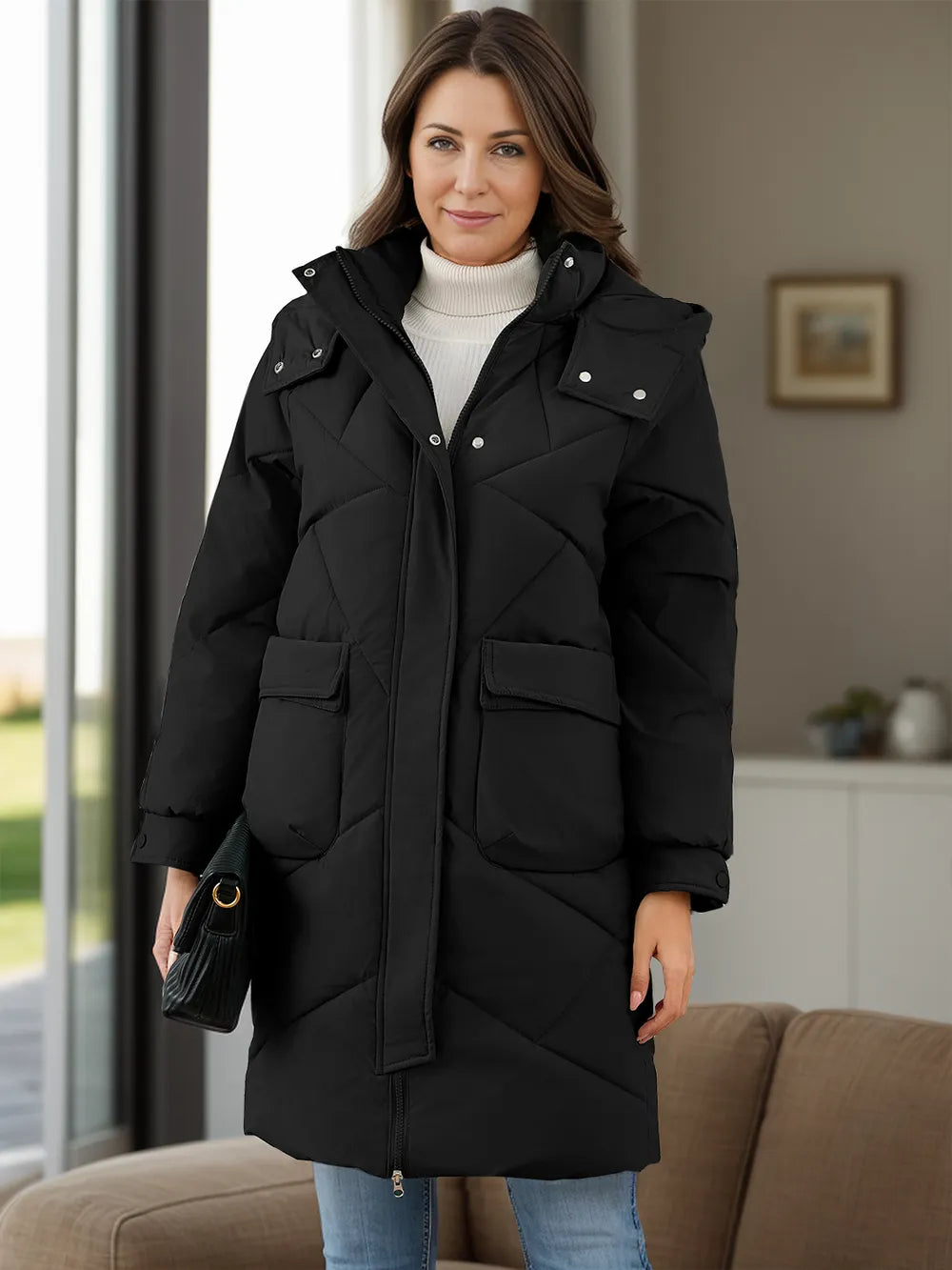 Long Sleeve Longline Hooded Winter Coat with Pockets Secondary image