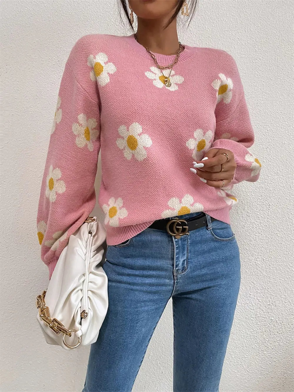 Flower Round Neck Latern Sleeve Sweater Secondary image