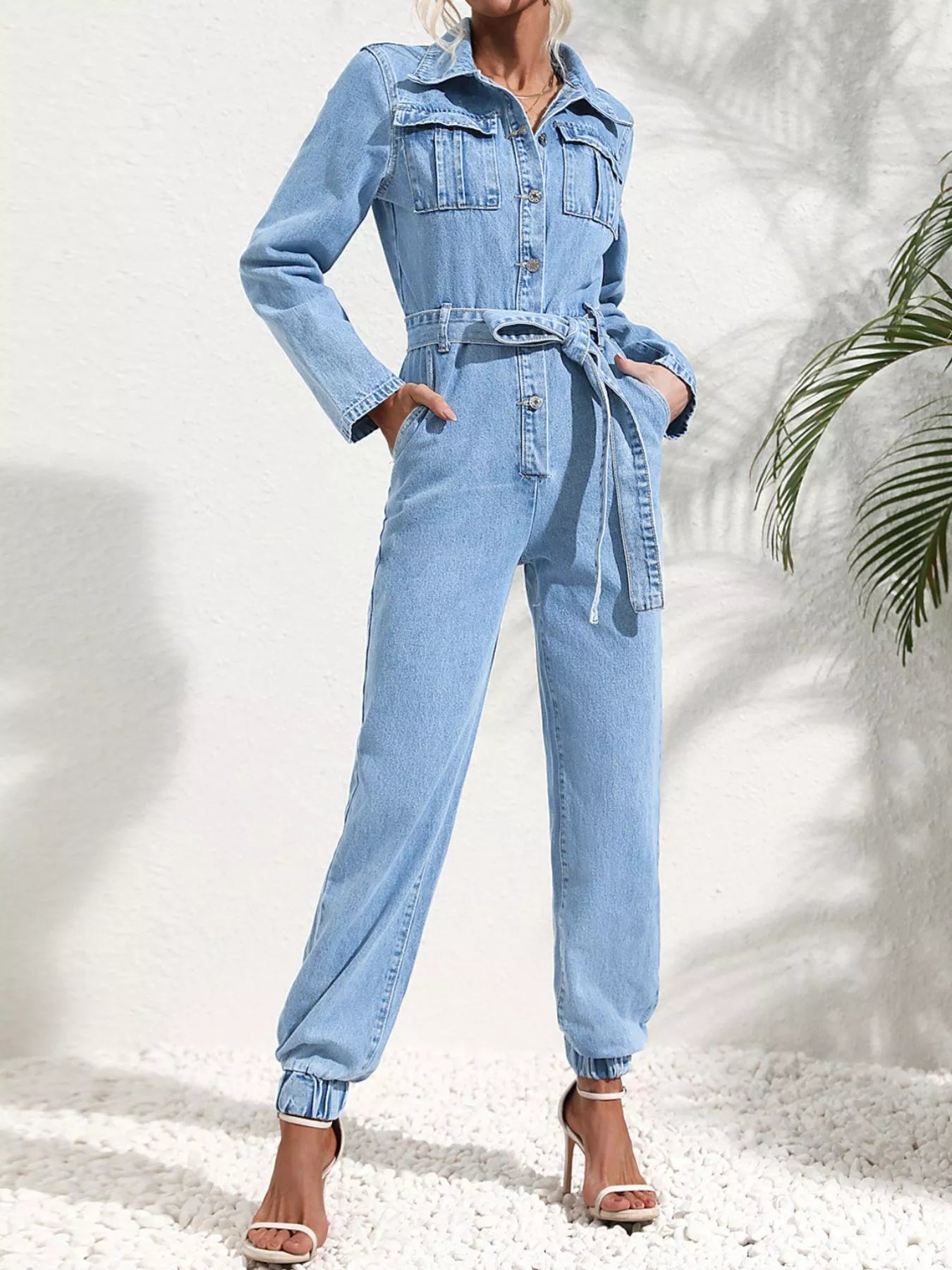 Button Front Belt Denim Jumpsuit Secondary image