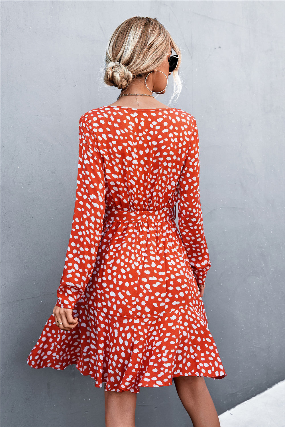 Printed V-Neck Tie Belt Ruffle Hem Mini Dress Secondary image