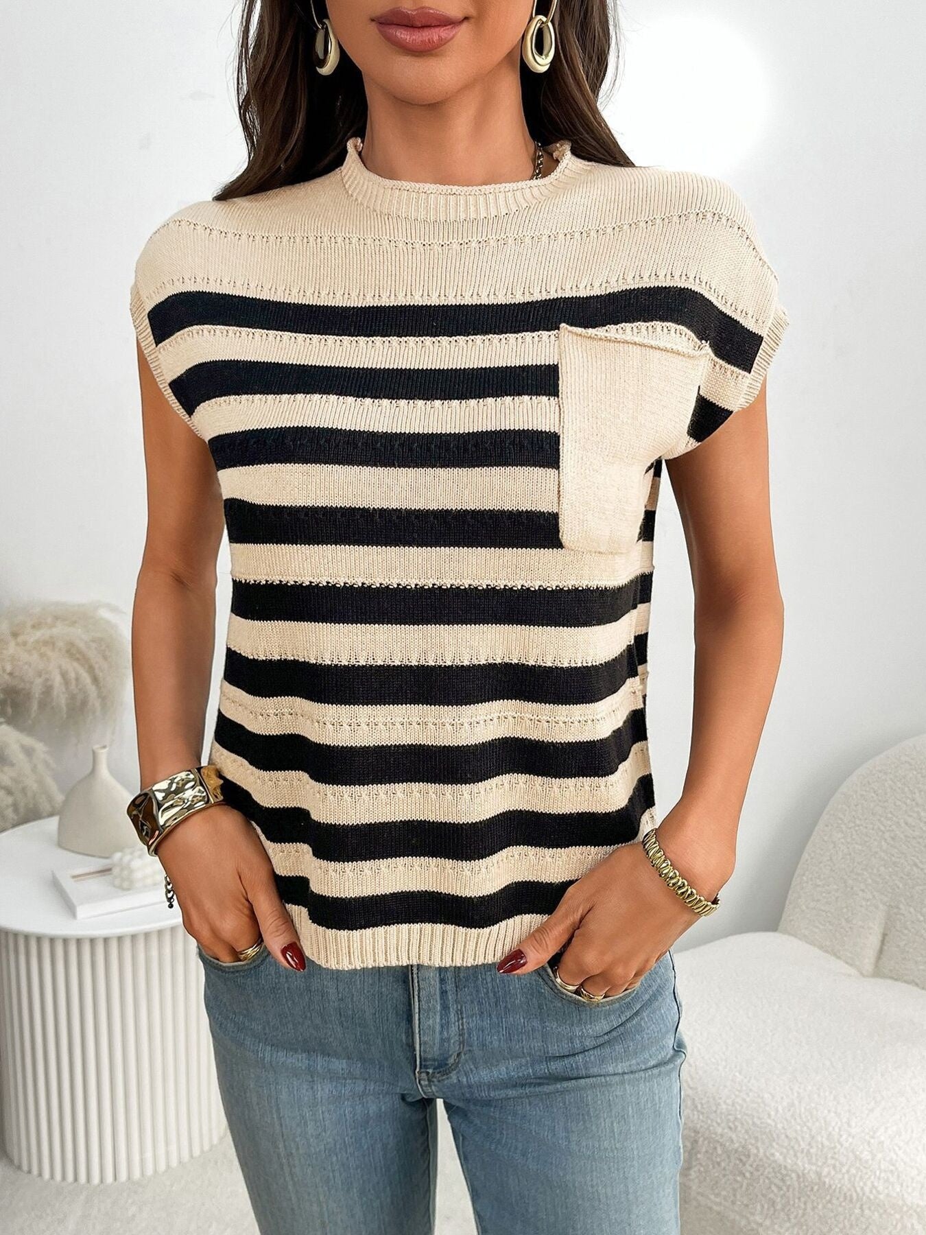 Striped Knit Pocket Detail Cap Sleeve Sweater Secondary image
