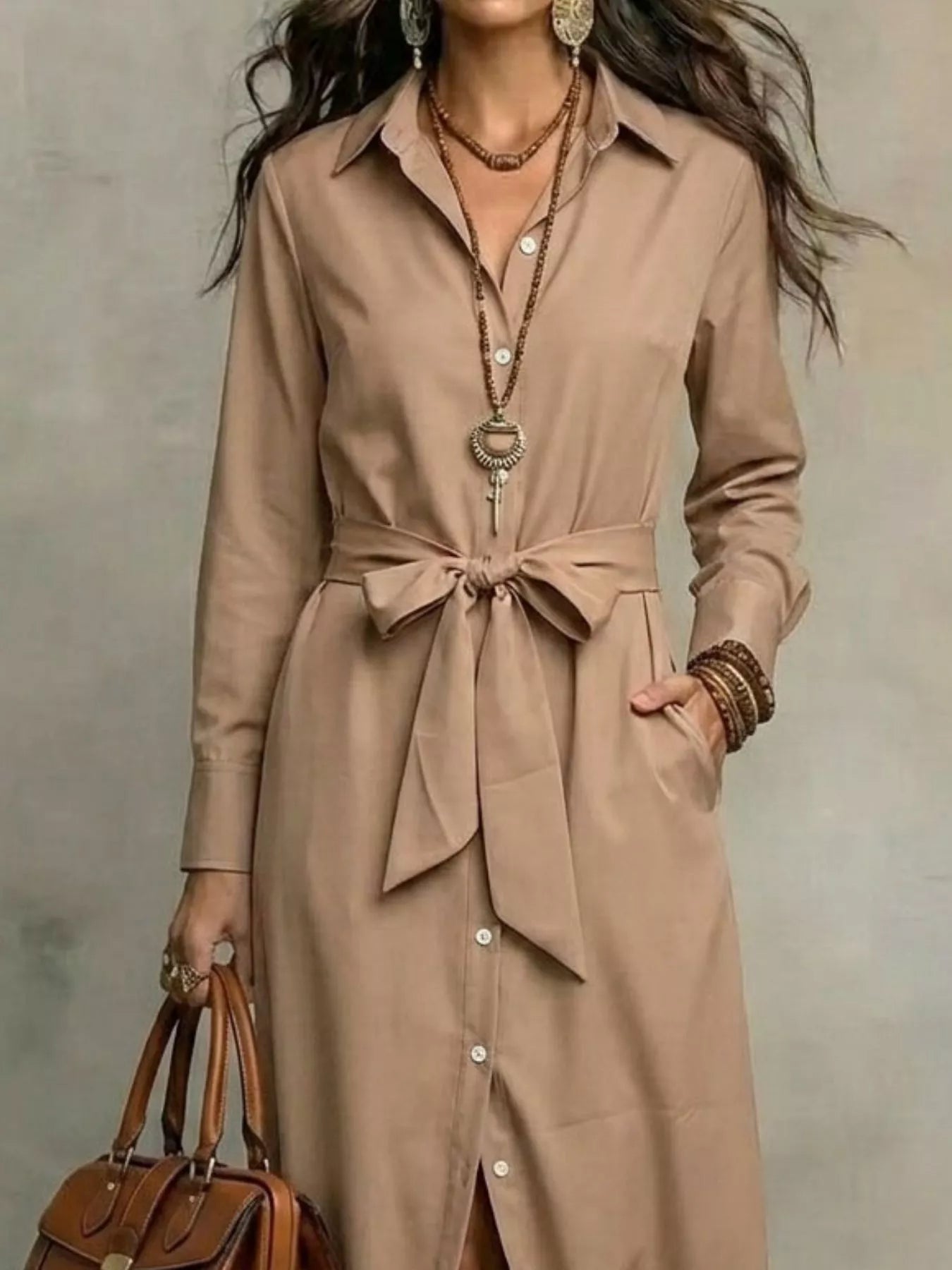Full Size Tie Waist Long Sleeve Shirt Dress Plus Size Secondary image