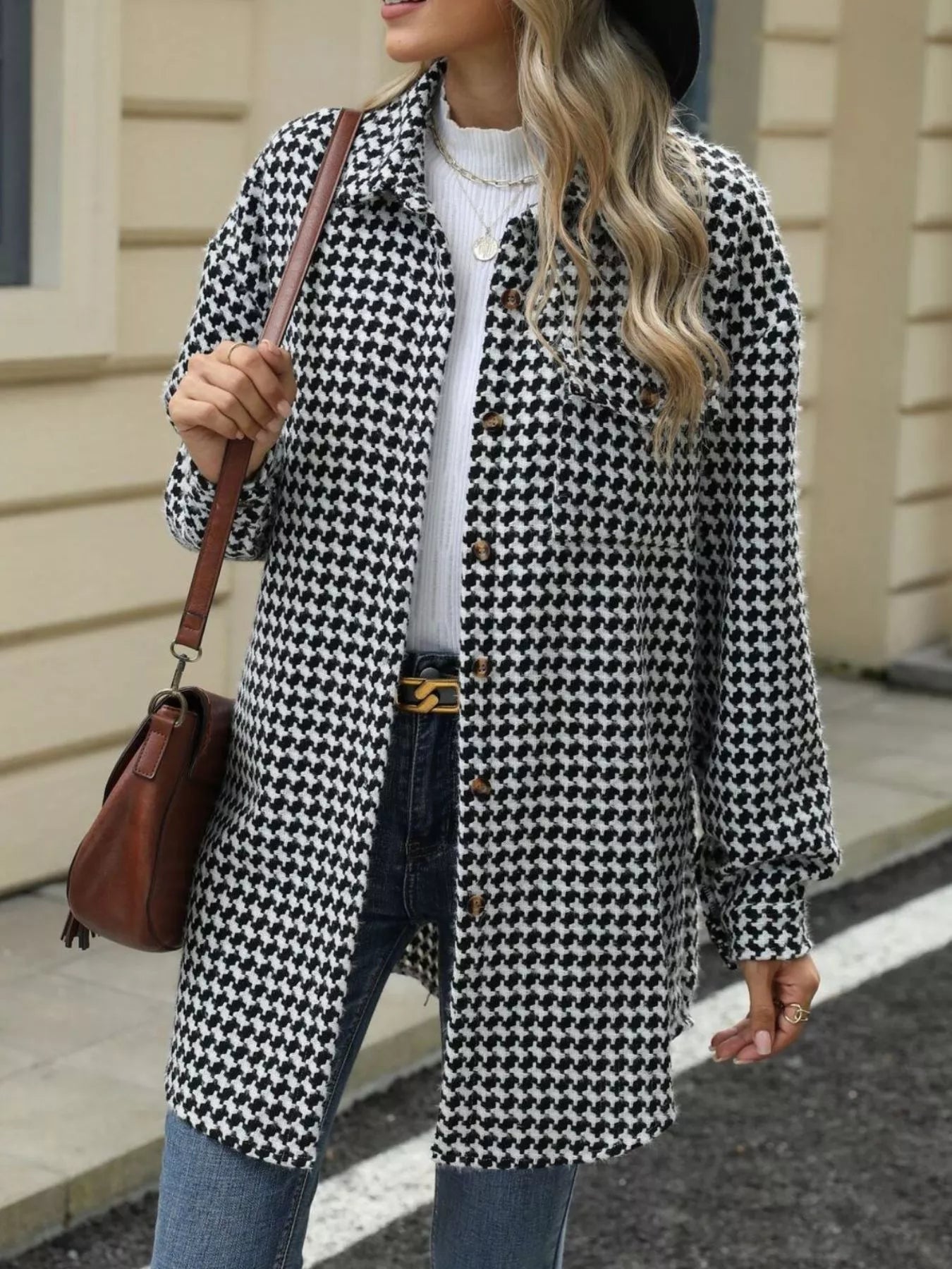 Houndstooth Button Up Long Sleeve Coat Secondary image