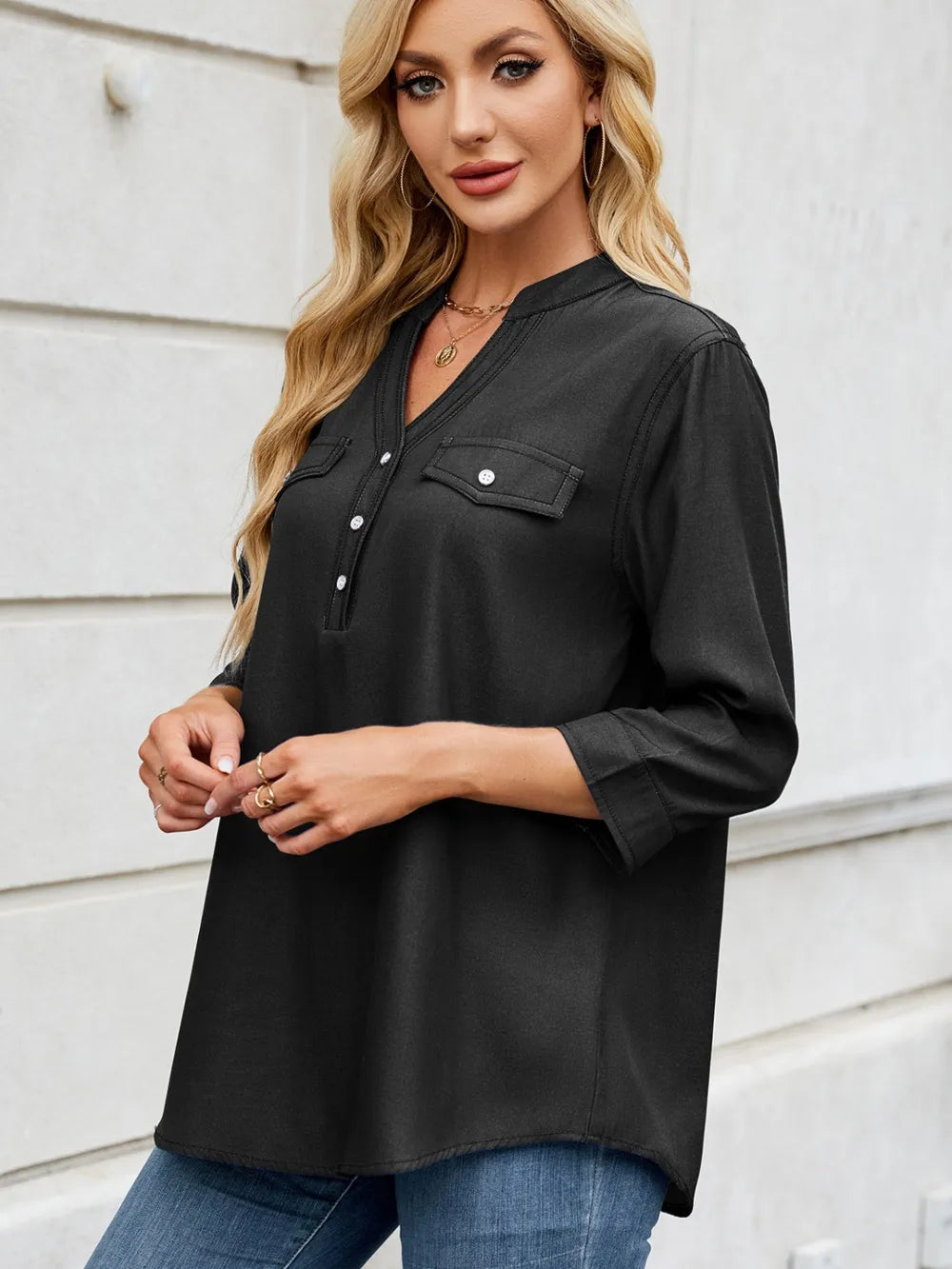 Notched Three-Quarter Sleeve Denim Top Secondary image