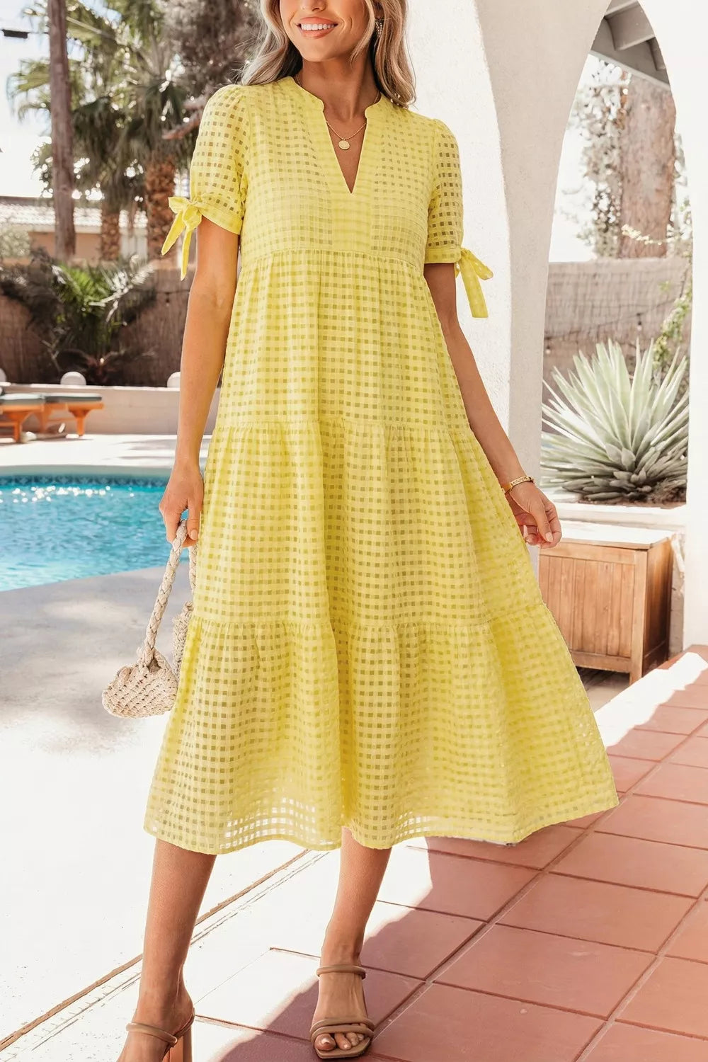Gingham Textured Bow Tie Short Sleeve Tiered Midi Dress Secondary image