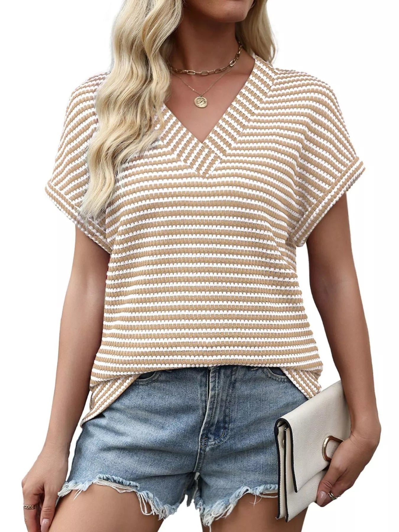 Striped V-Neck Relaxed Fit T-Shirt Secondary image