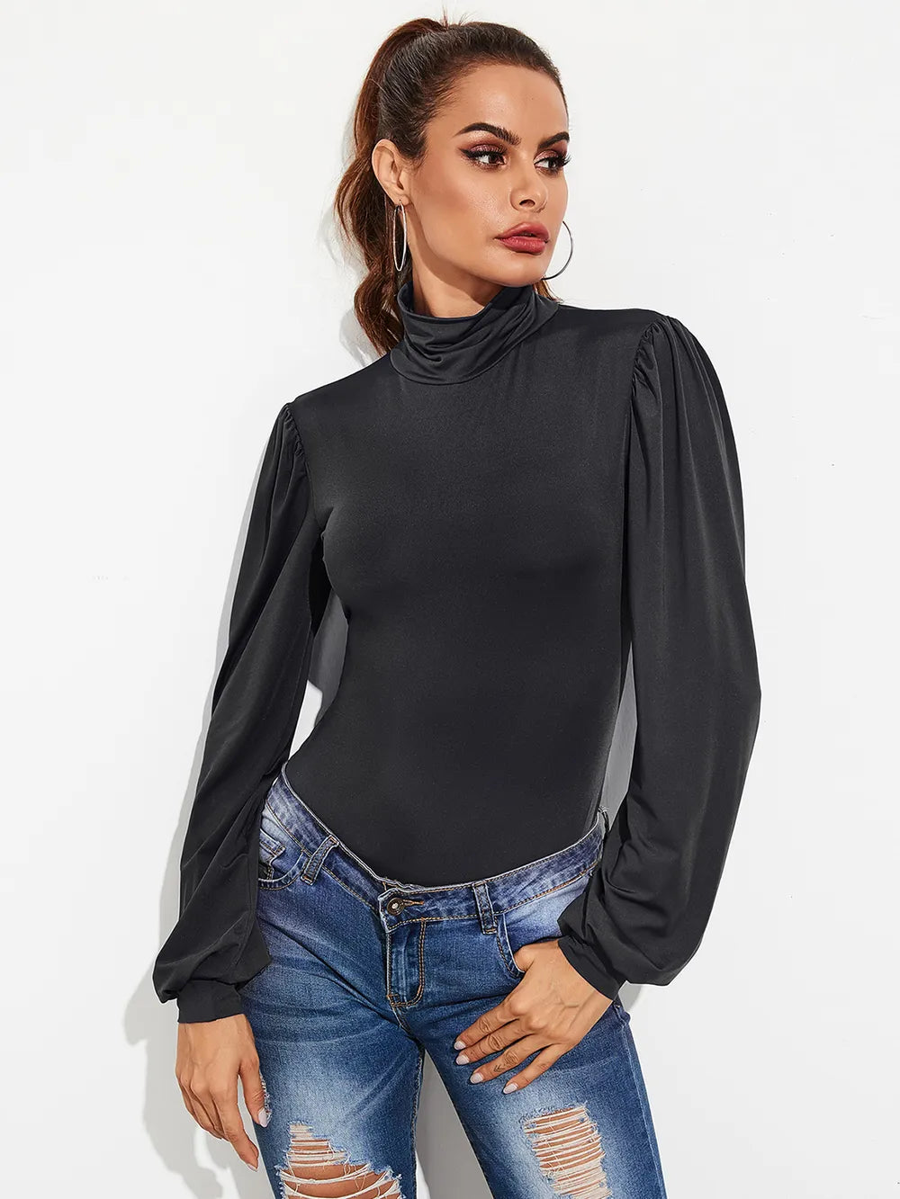 Backless Tie-Waist Turtleneck Lantern Sleeve Bodysuit Secondary image