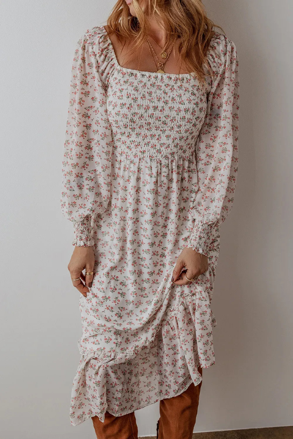 Smocked Floral Square Neck Long Sleeve Midi Dress Secondary image