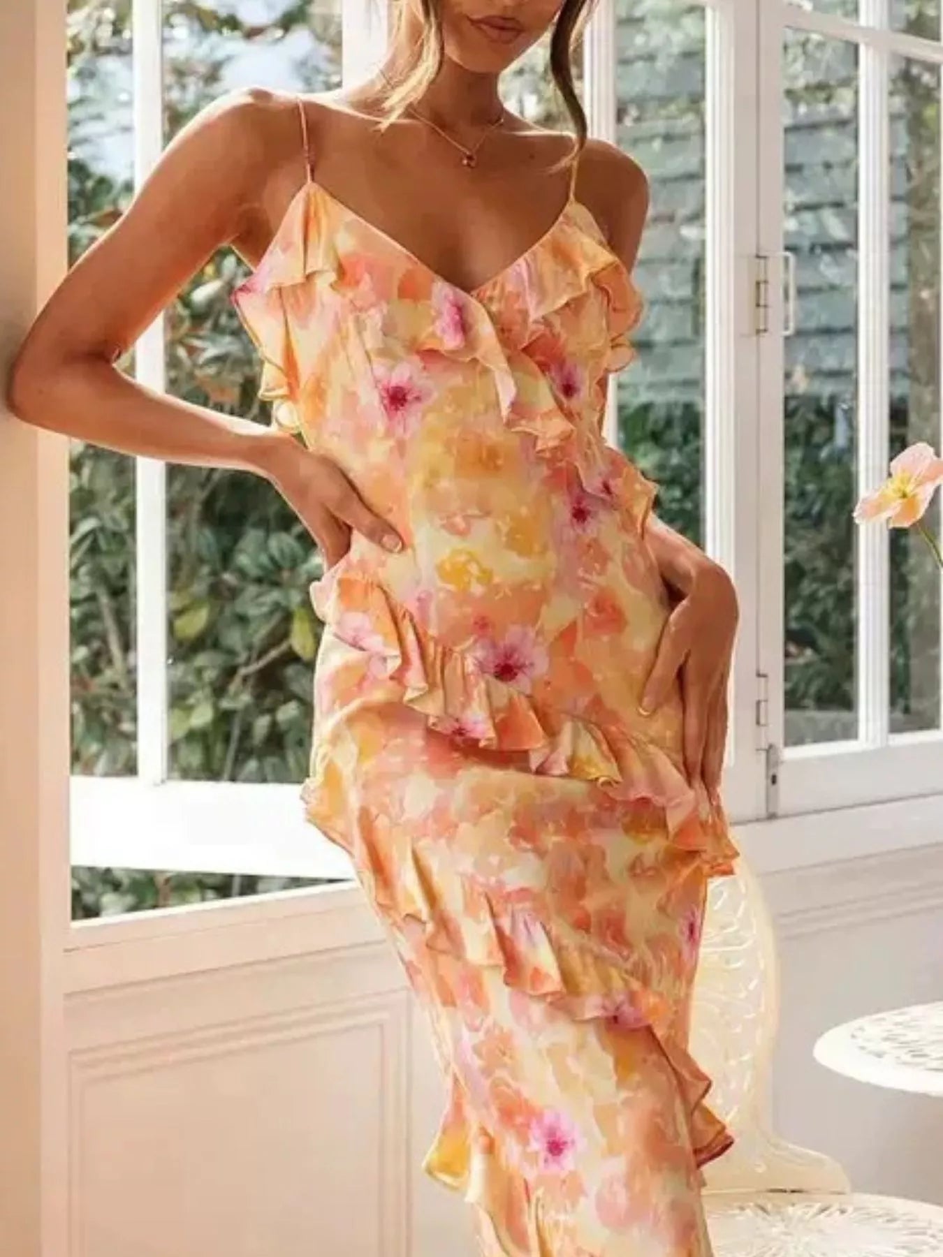 Floral Print Ruffle Trim Spaghetti Strap Maxi Dress Secondary image