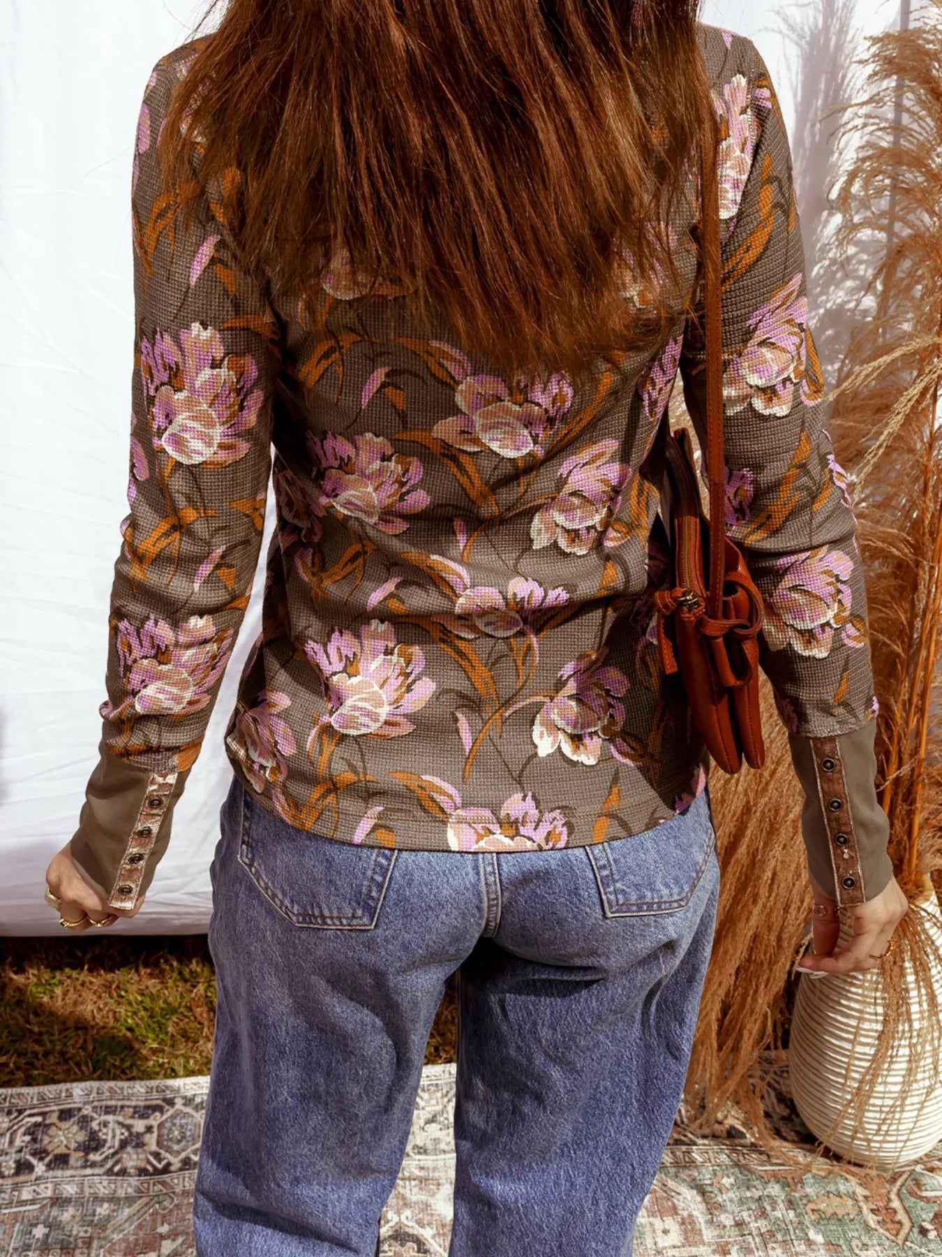 Floral Print Waffle Textured Long Sleeve Top Secondary image