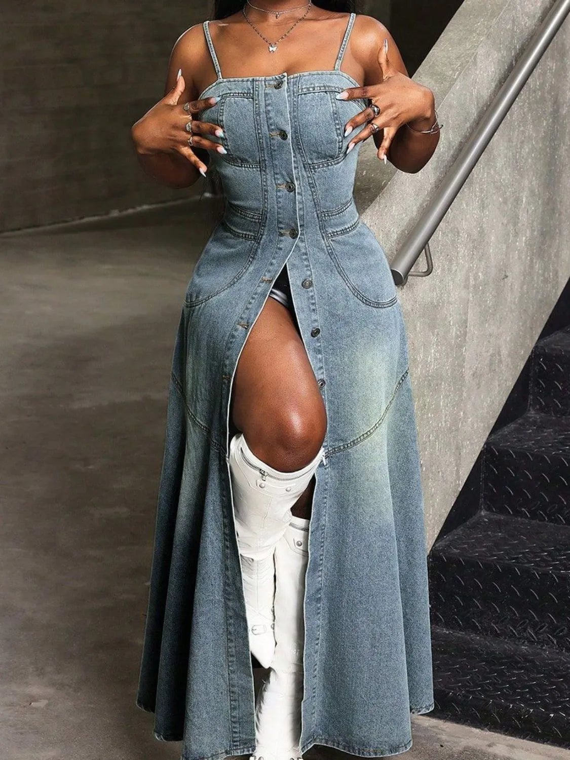 Smocked Button Front Denim Cami Dress Secondary image