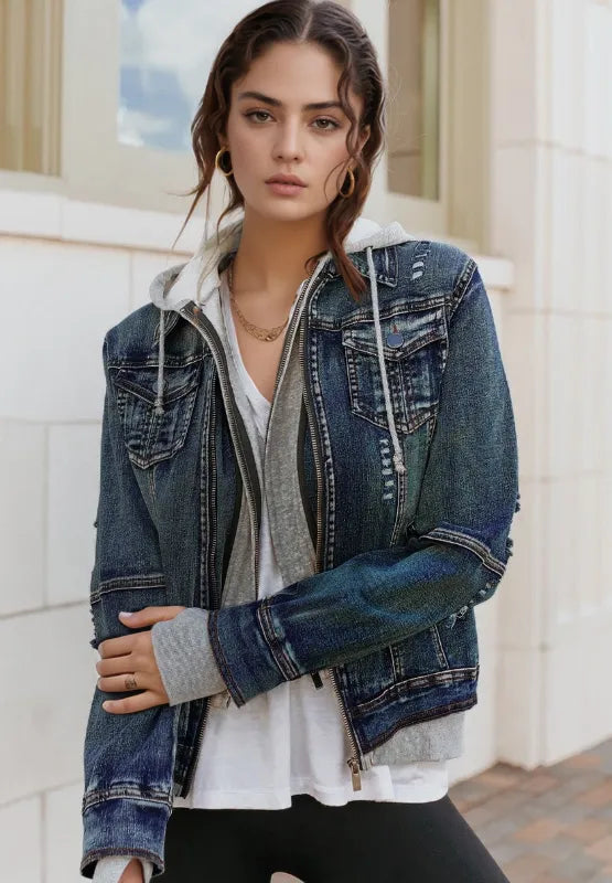 Fake Two-Piece Hooded Zip-Up Denim Jacket Secondary image