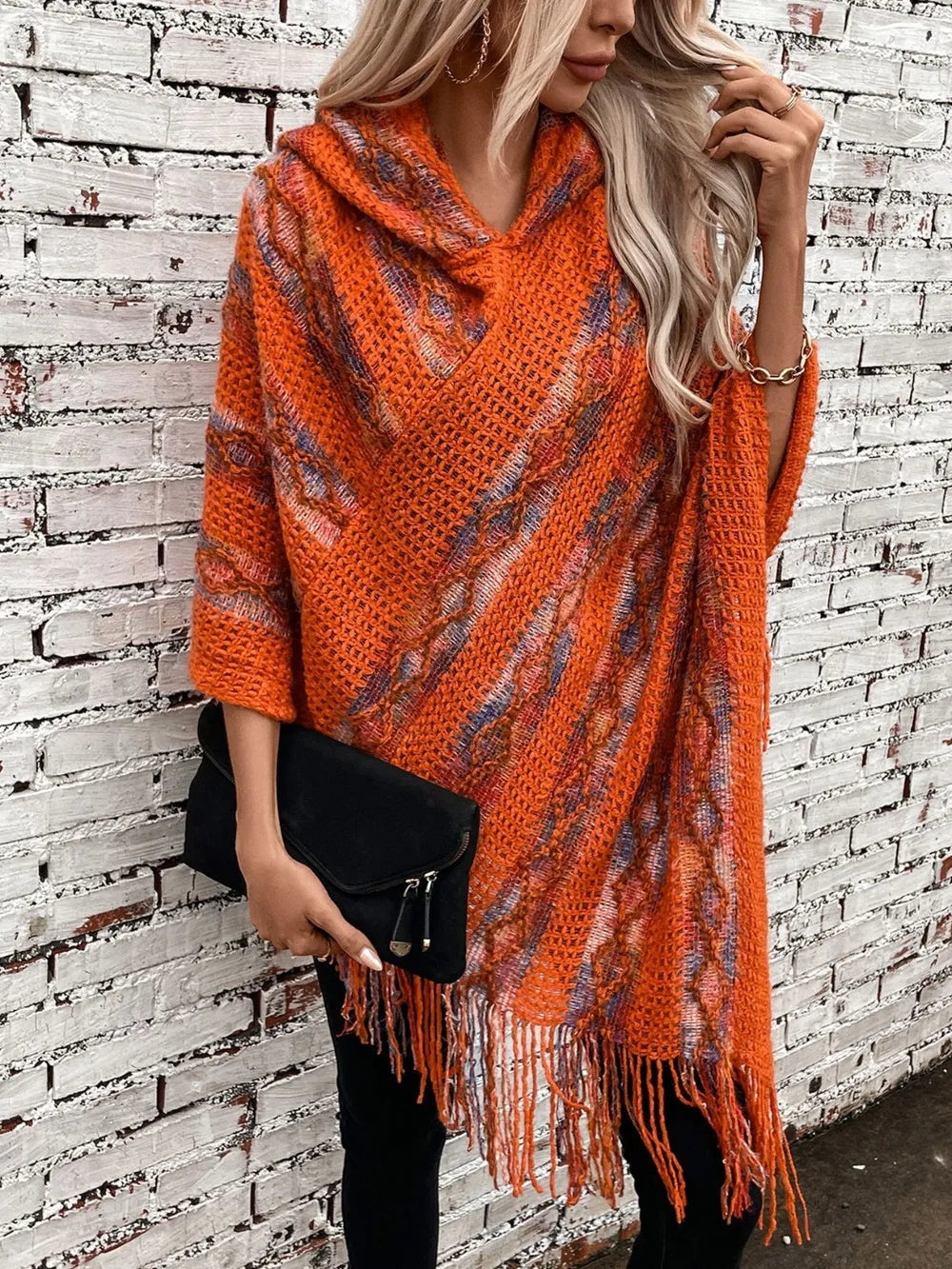Fringe Contrast Hooded Poncho Secondary image
