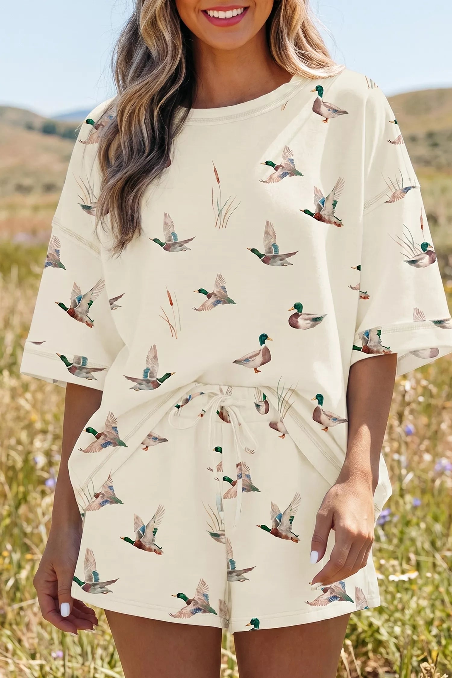 Mallard Duck Print Oversized Tee Drawstring Short Set Secondary image