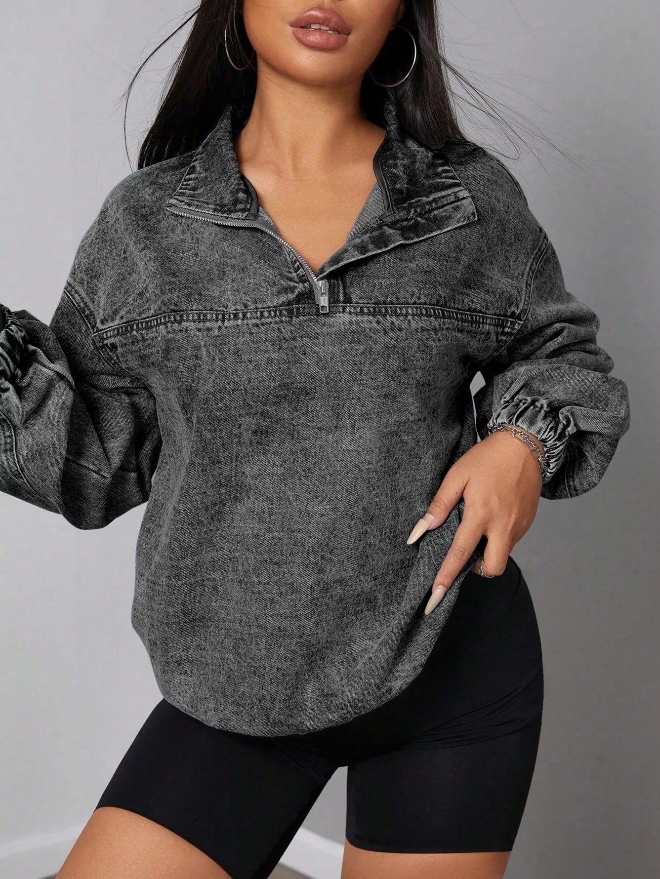 Elastic Hem Quarter Zip Denim Top Secondary image