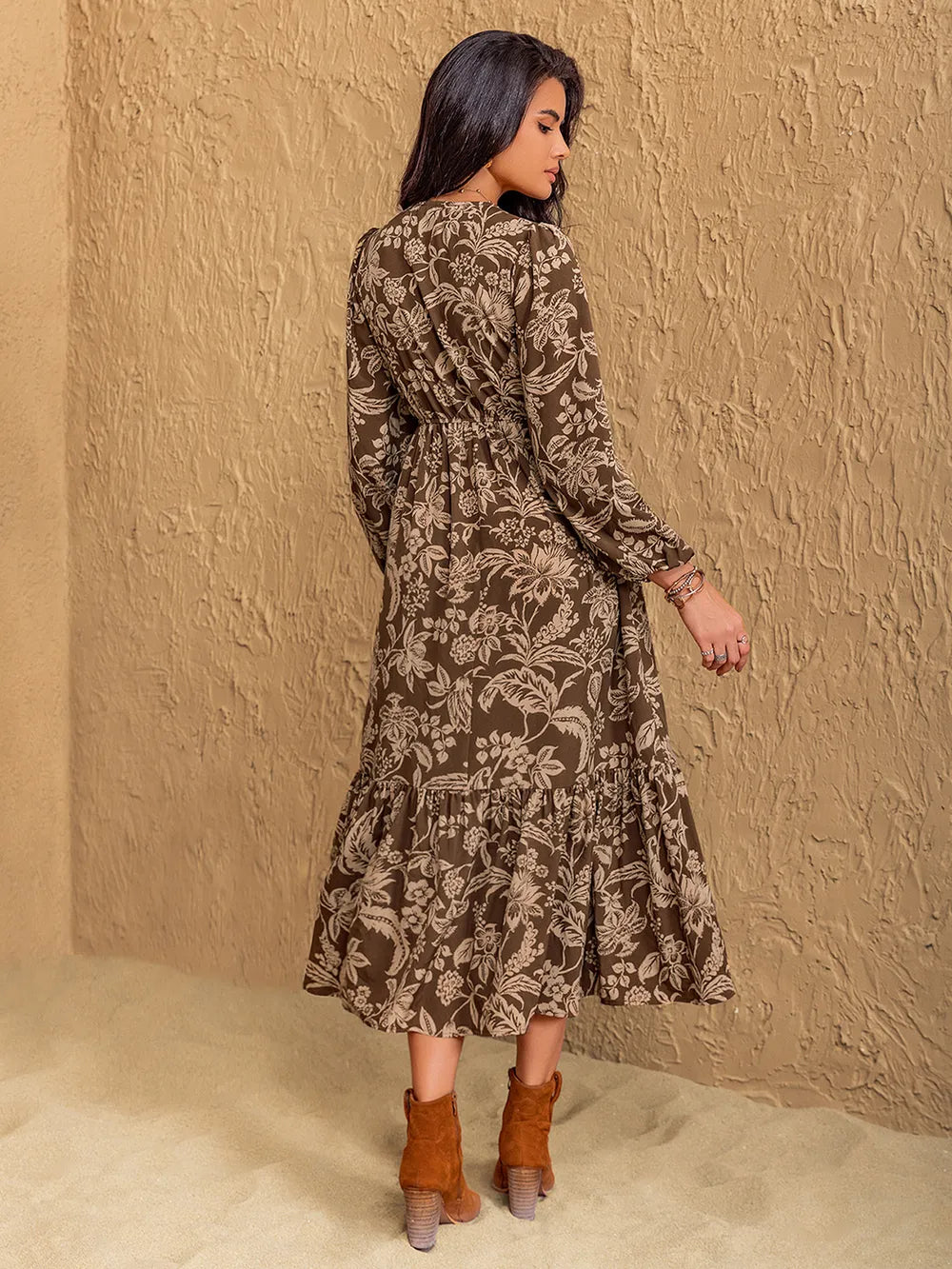 Ruched Printed V-Neck Long Sleeve Midi Dress Secondary image