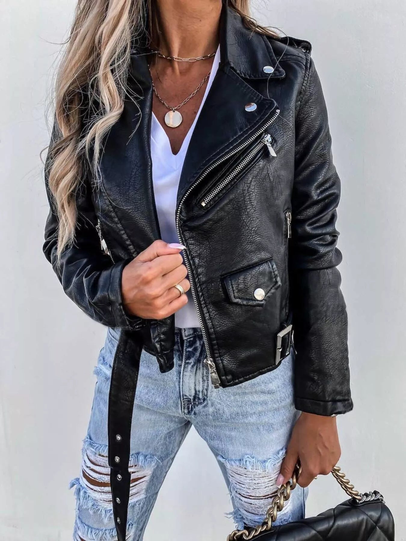 Full Size Zip Up Leather Motorcycle Biker Jacket Plus Size Secondary image