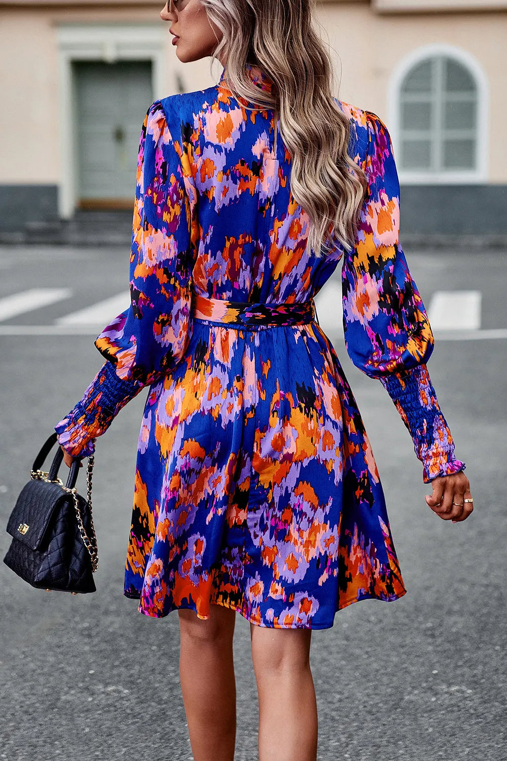 Devine Printed Tie Waist Mock Neck Lantern Sleeve Dress Secondary image