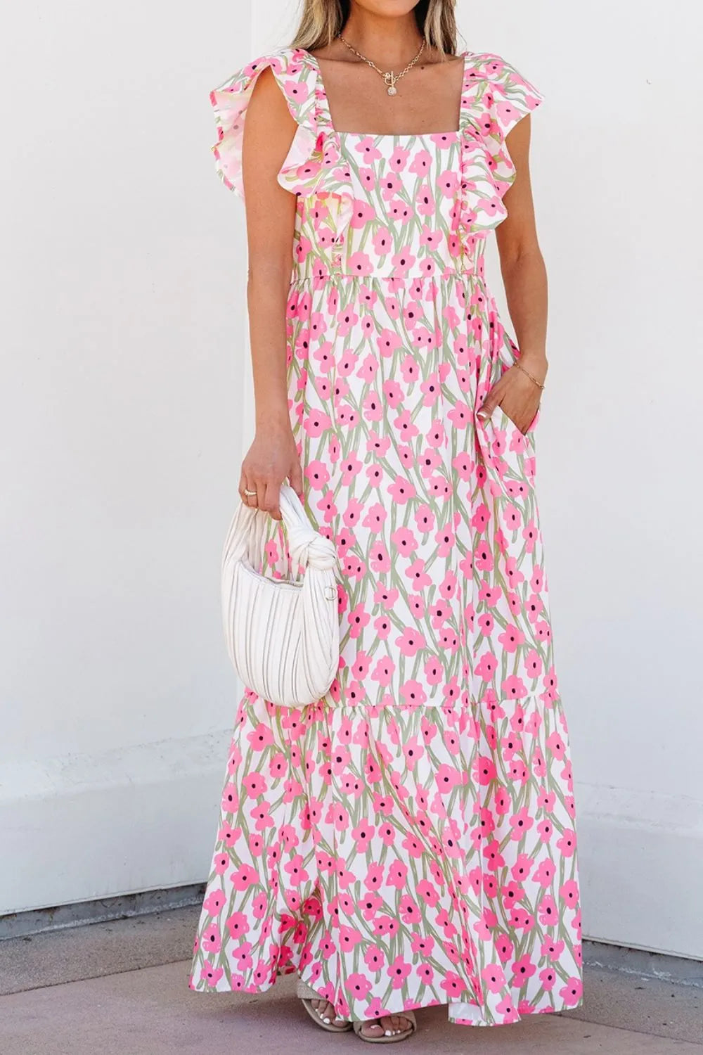 Floral Print Square Neck Ruffled Cap Sleeve Maxi Dress Secondary image