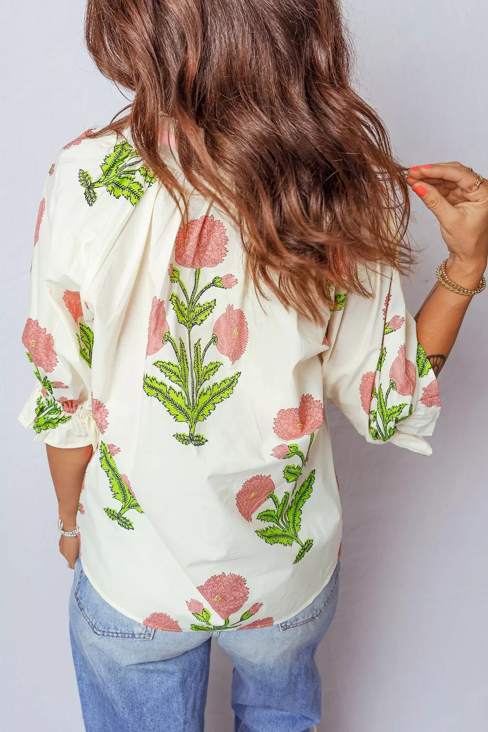 Floral Print Notched Ruffled Sleeve Blouse Secondary image
