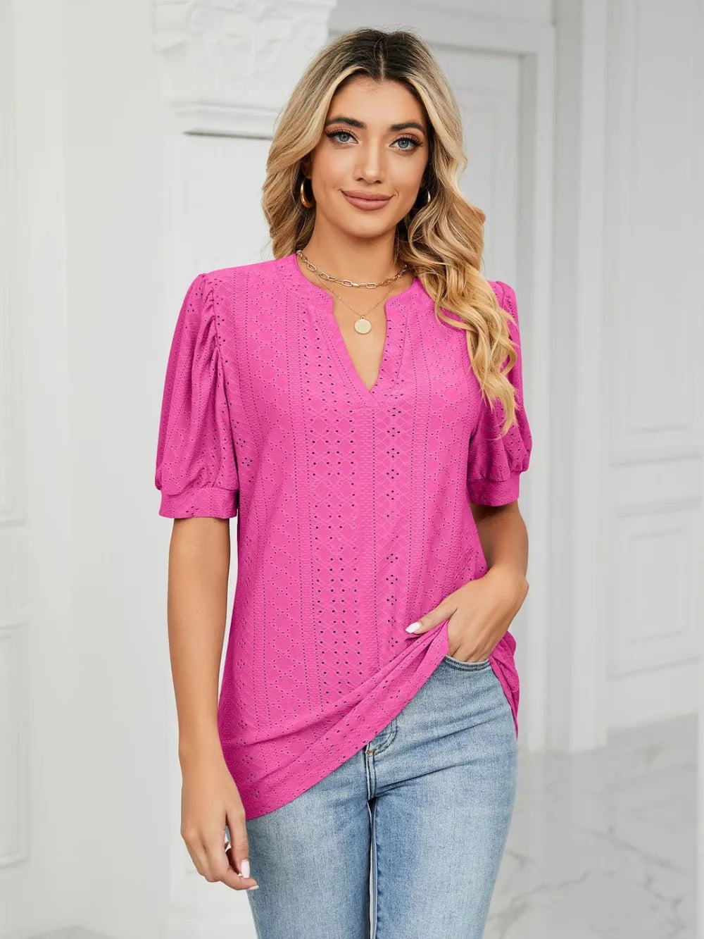 Florira Eyelet Notched Short Sleeve T-Shirt Secondary image