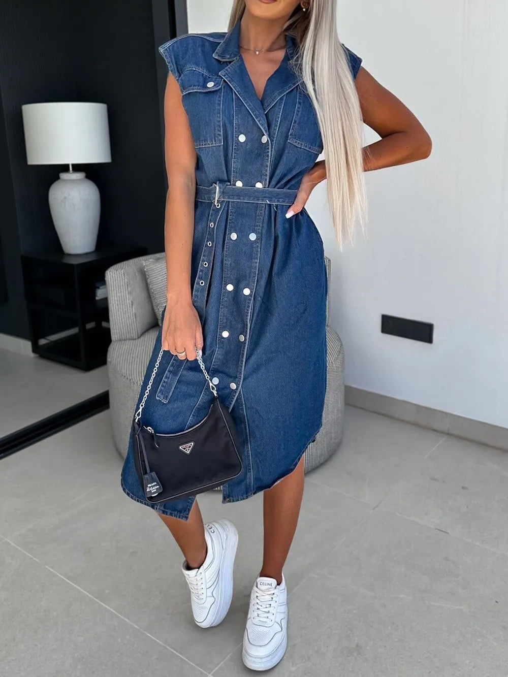 Collared Neck Cap Sleeve Denim Dress Secondary image