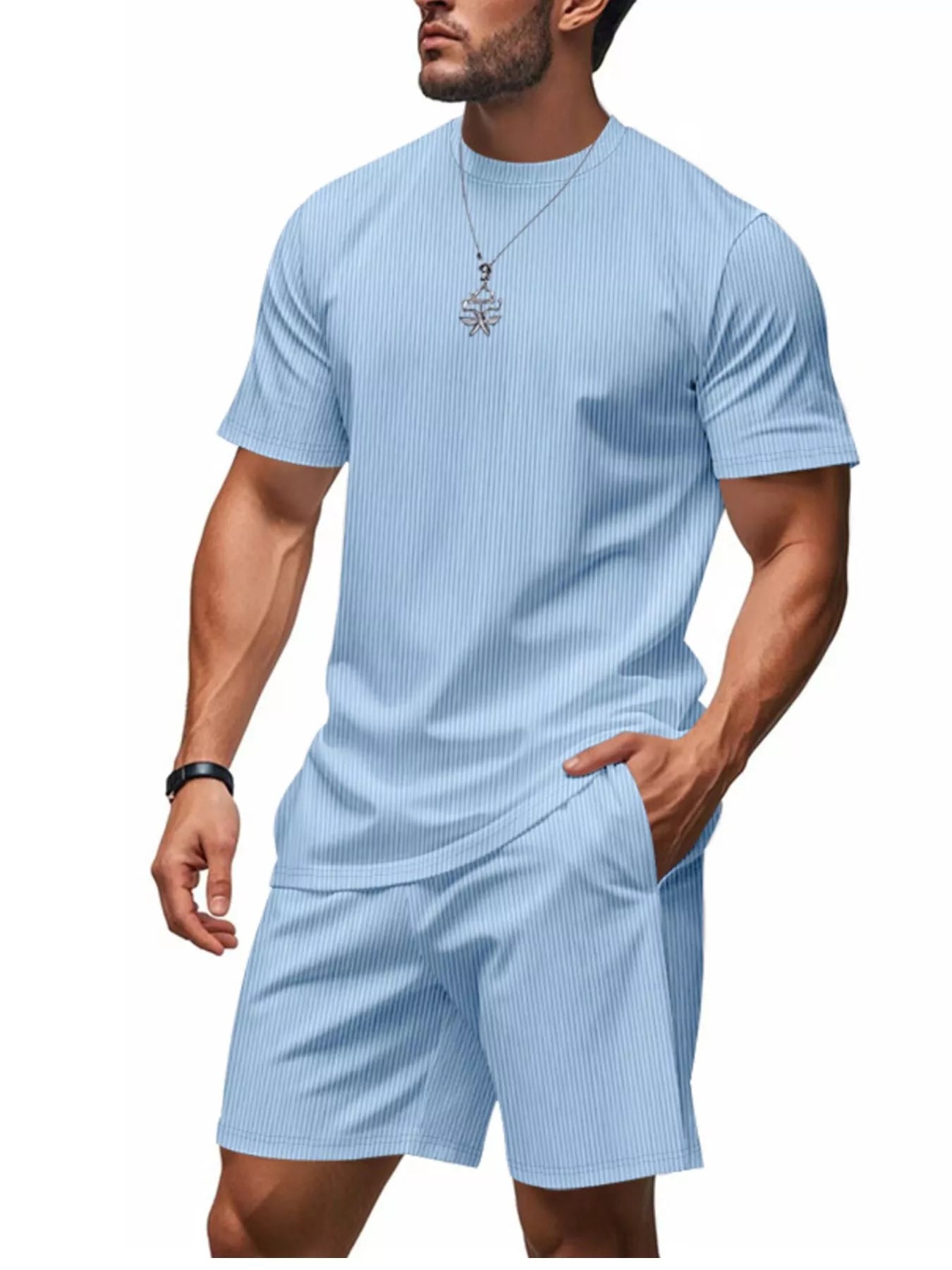 Men's Full Size Casual Striped Top and Shorts Set Plus Size Secondary image
