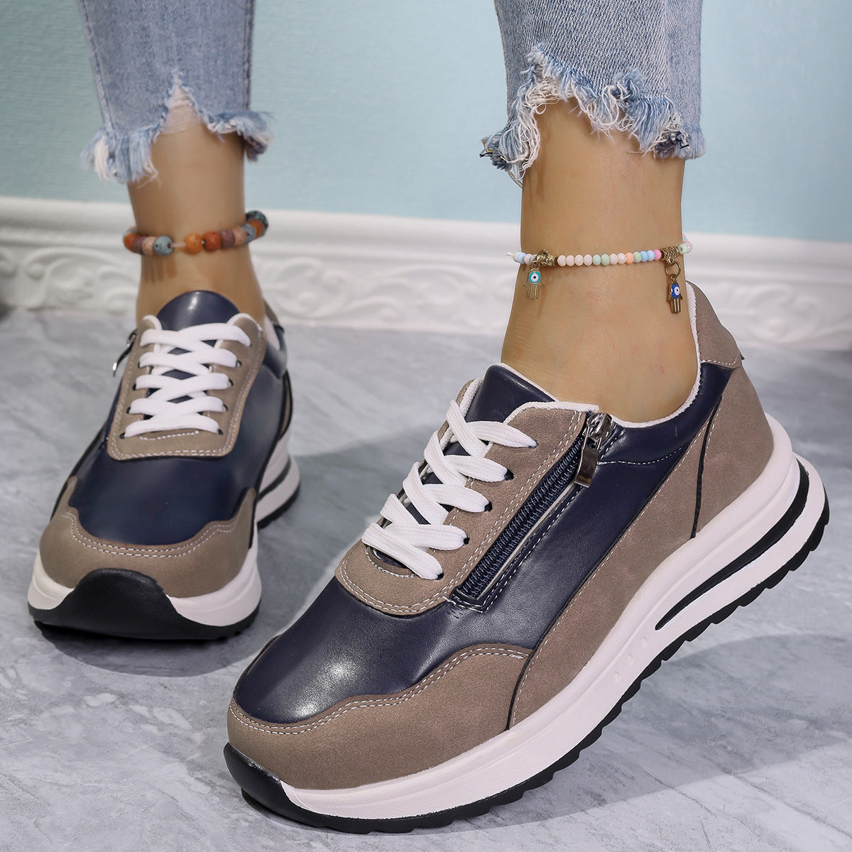 Zipper Detail Lace Up Sneakers Secondary image