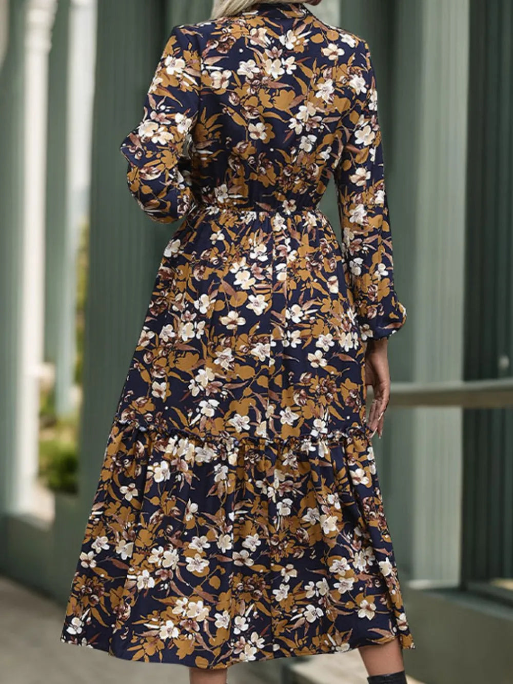 Perfee Printed Notched Long Sleeve Midi Dress Secondary image