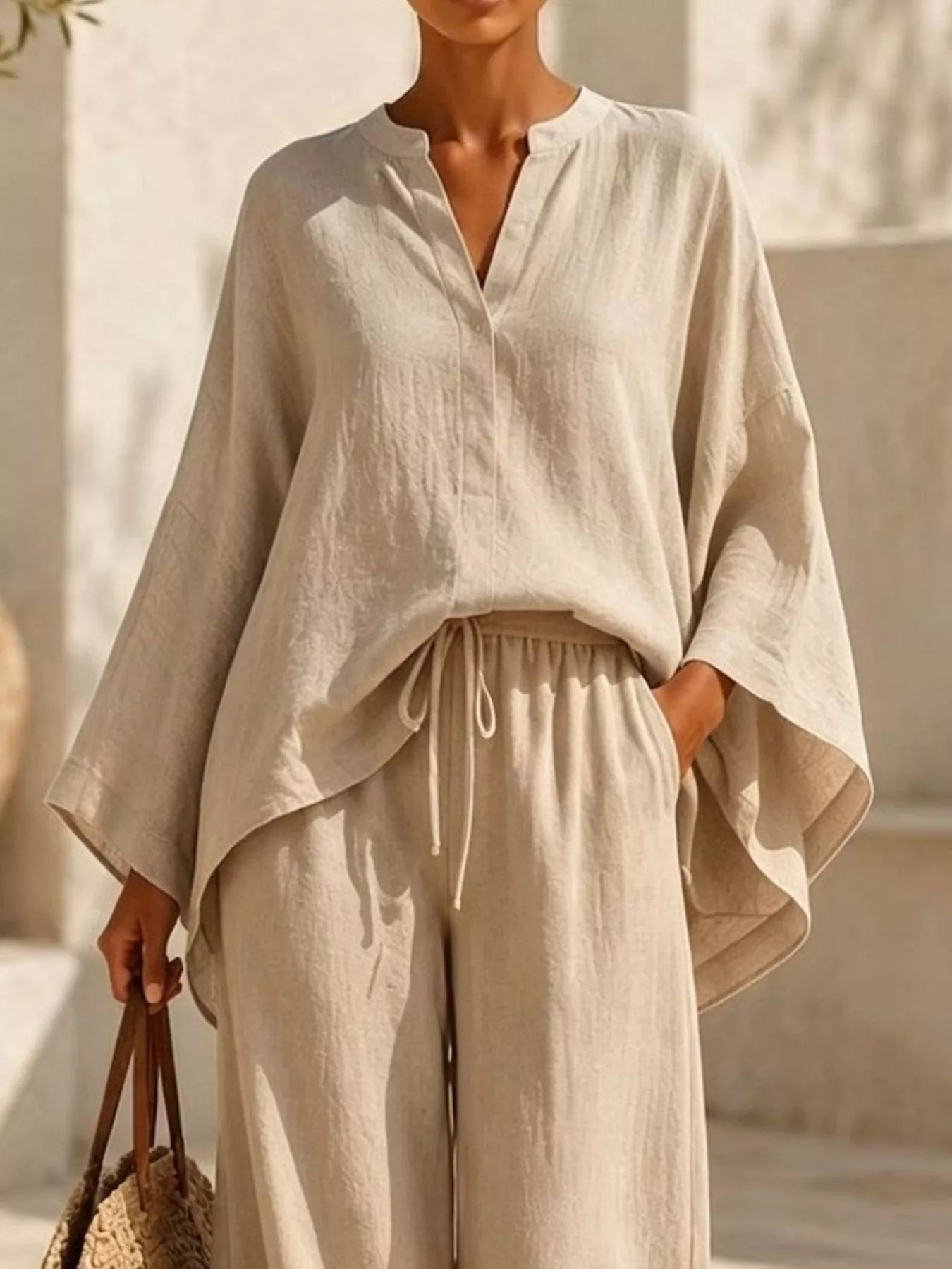 Full Size Notched Long Sleeve Top and Wide-Leg Pants Set Plus Size Secondary image