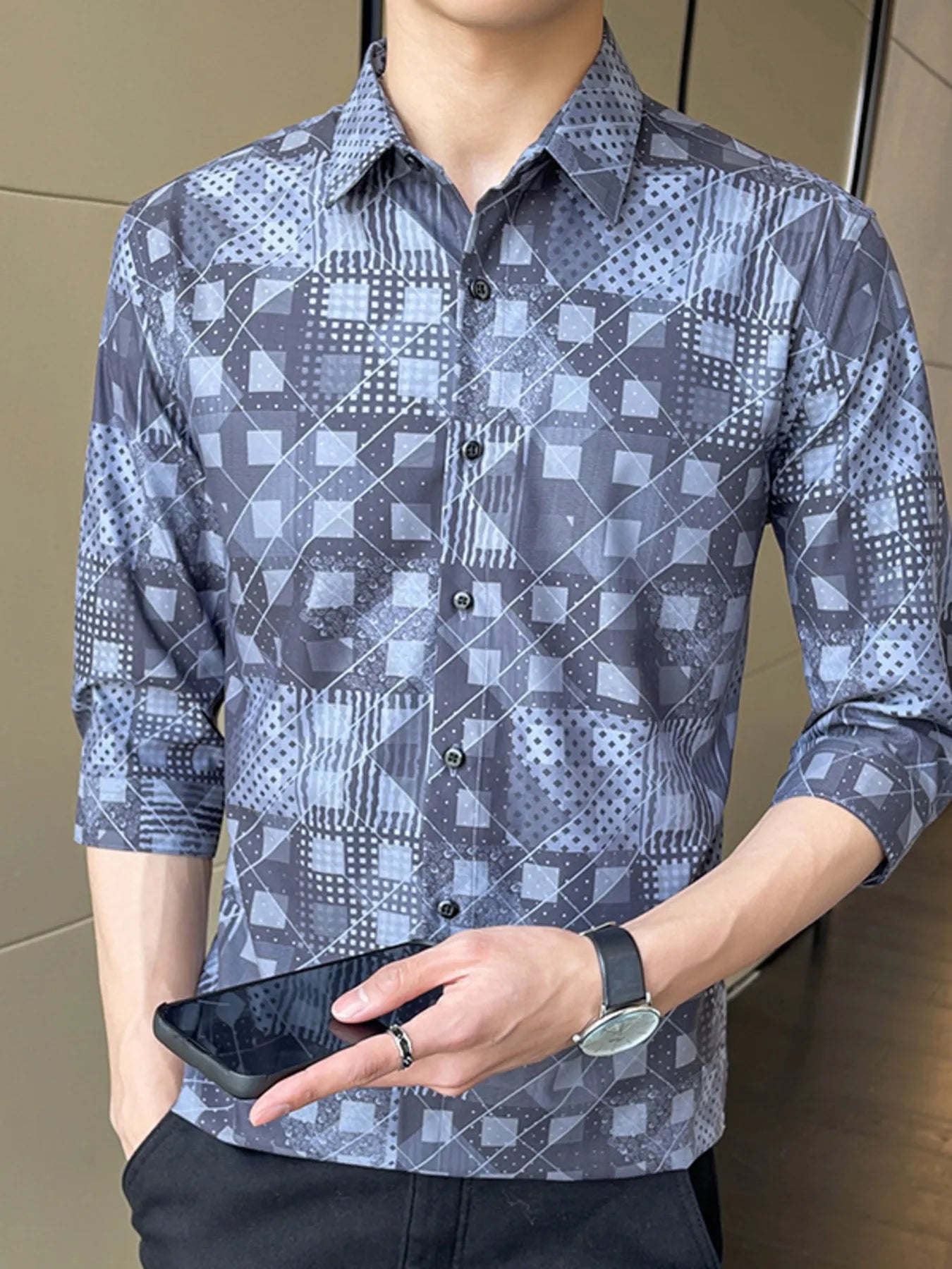 Men's Plus Size Geometric Print Slim Fit Casual Shirt Secondary image