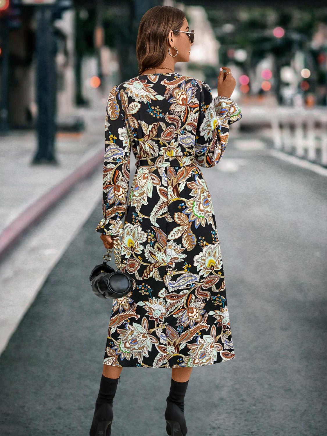 Printed Tie Front Surplice Flounce Sleeve Dress Secondary image