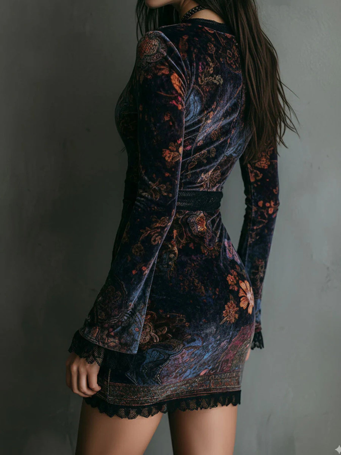 Lace Detail Floral Velvet Mini Dress Secondary image