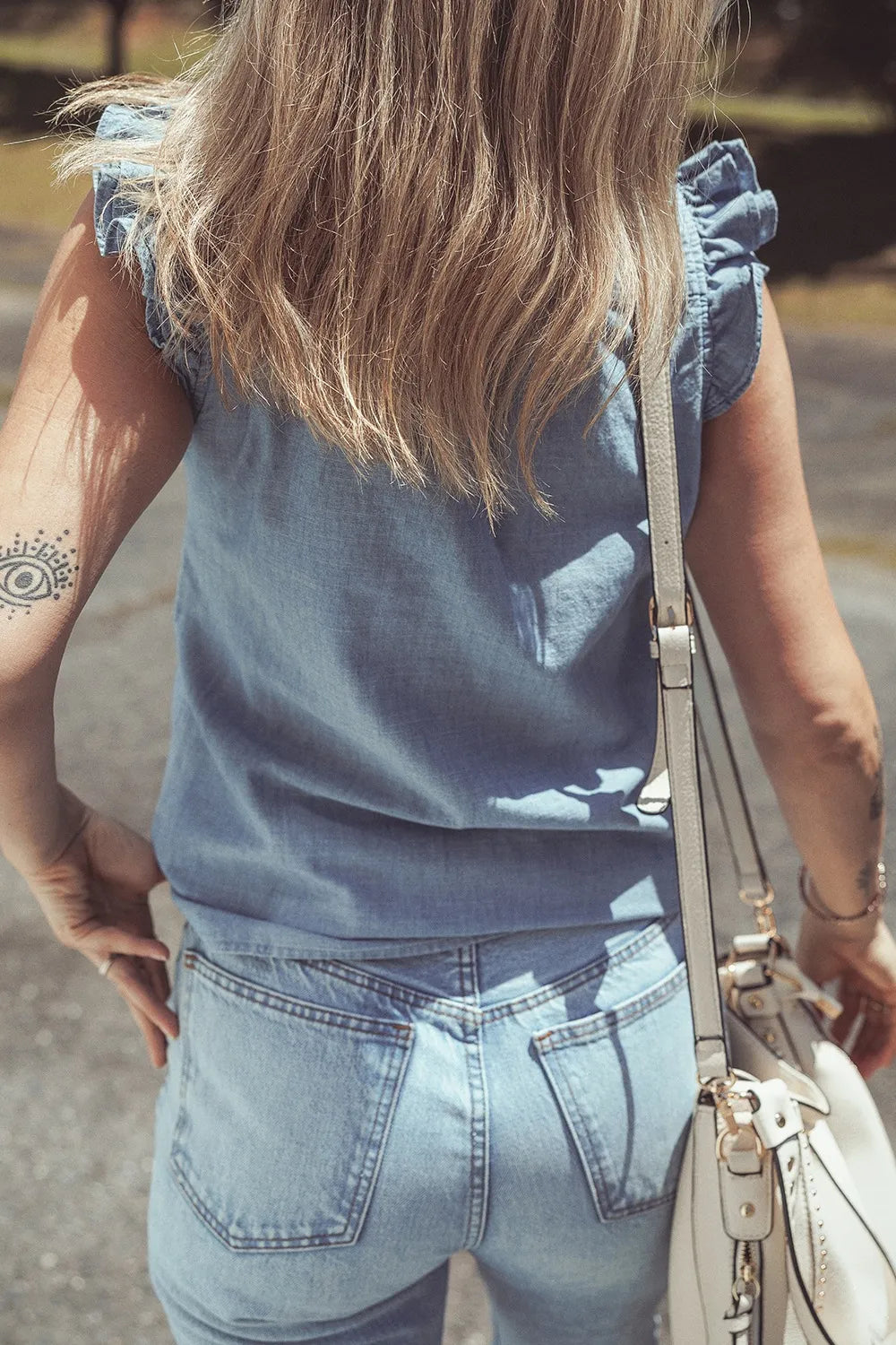 Frilly Ruffle Trim V Neck Chambray Tank Secondary image