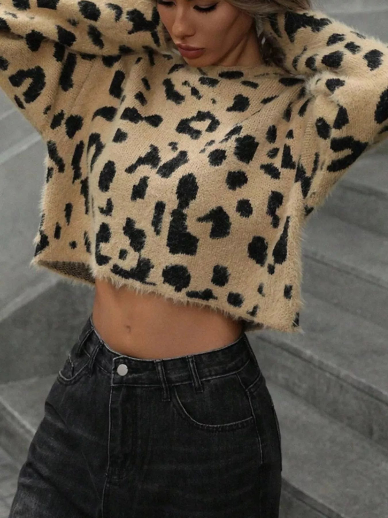 Leopard Fuzzy Knit Cropped Sweater Secondary image