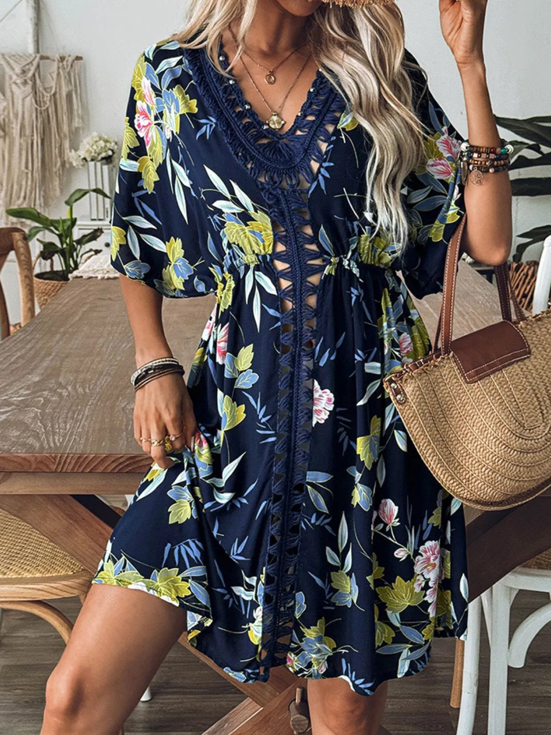 Crochet Front V-Neck Printed Cover-Up Secondary image