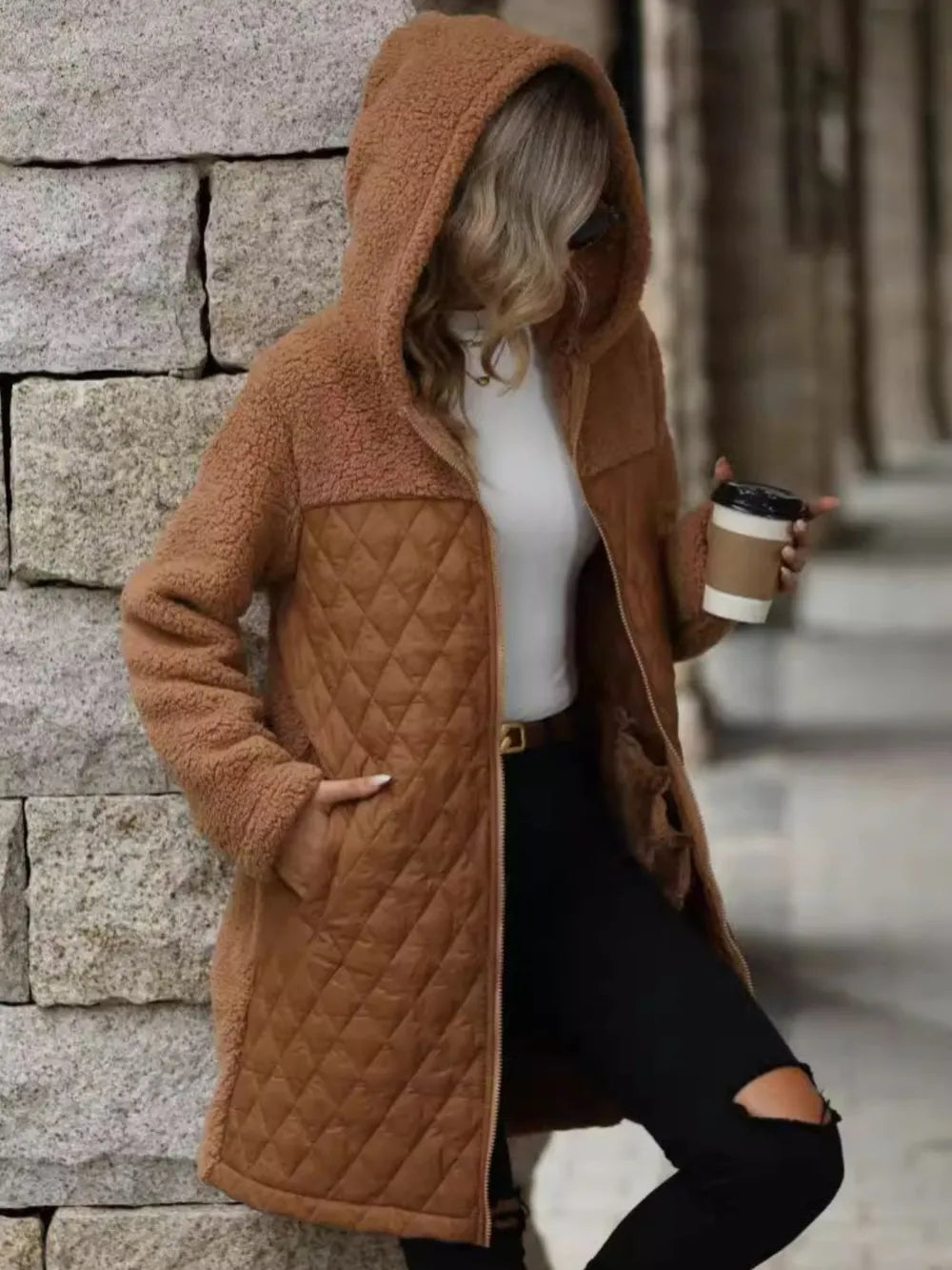 Texture Zip Up Long Sleeve Hooded Coat Secondary image