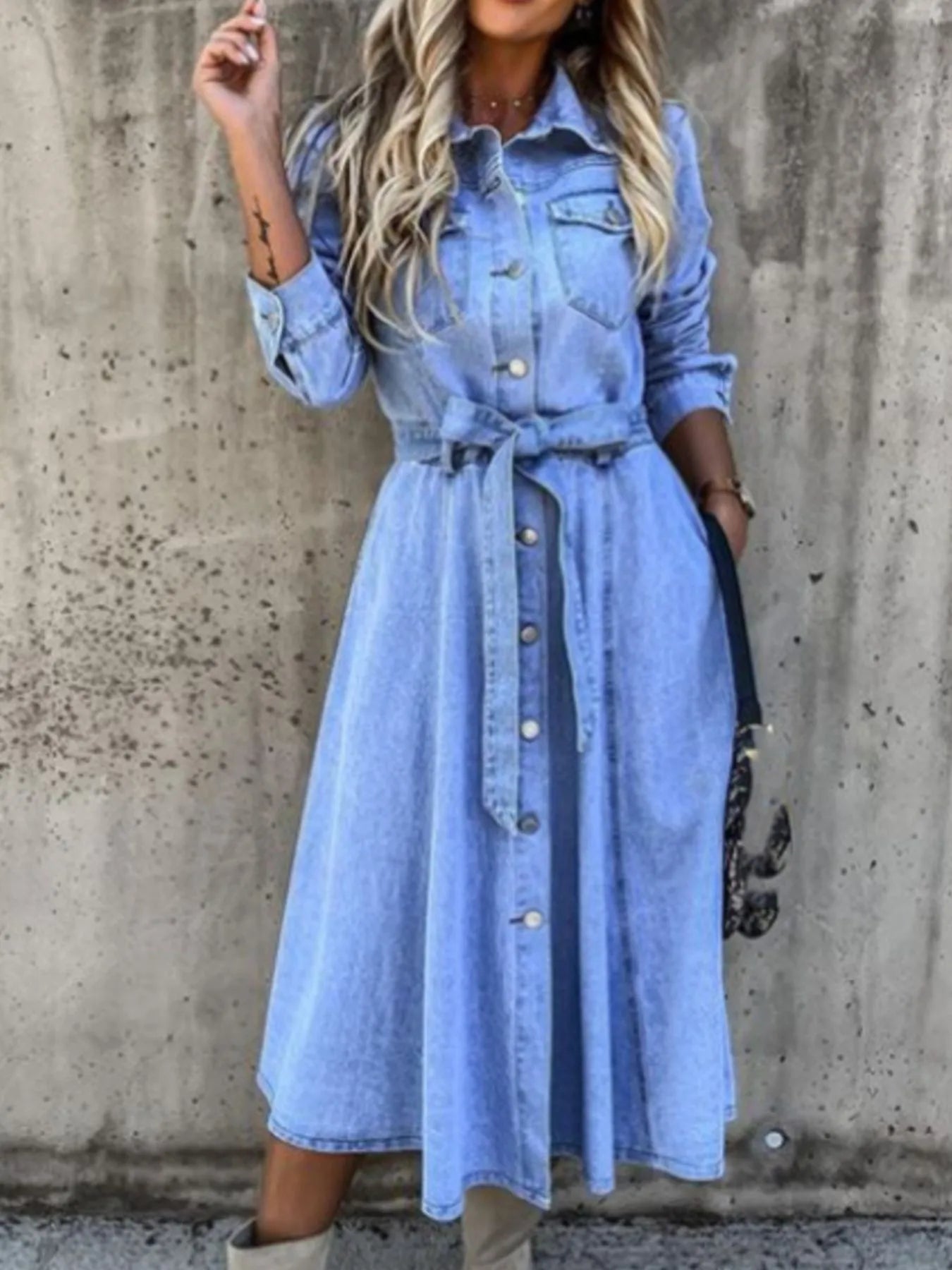 Full Size Tie Waist Button Front Denim Shirt Dress Plus Size Secondary image