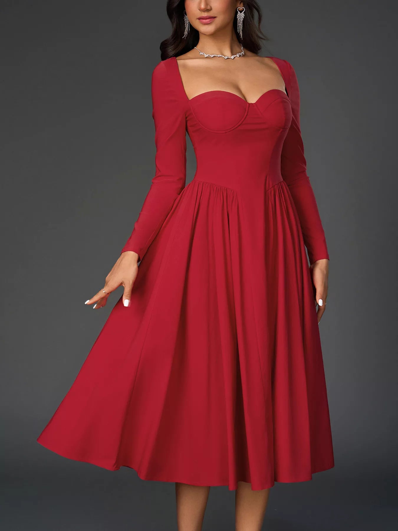 Sweetheart Neckline Long Sleeve A-Line Midi Dress Secondary image