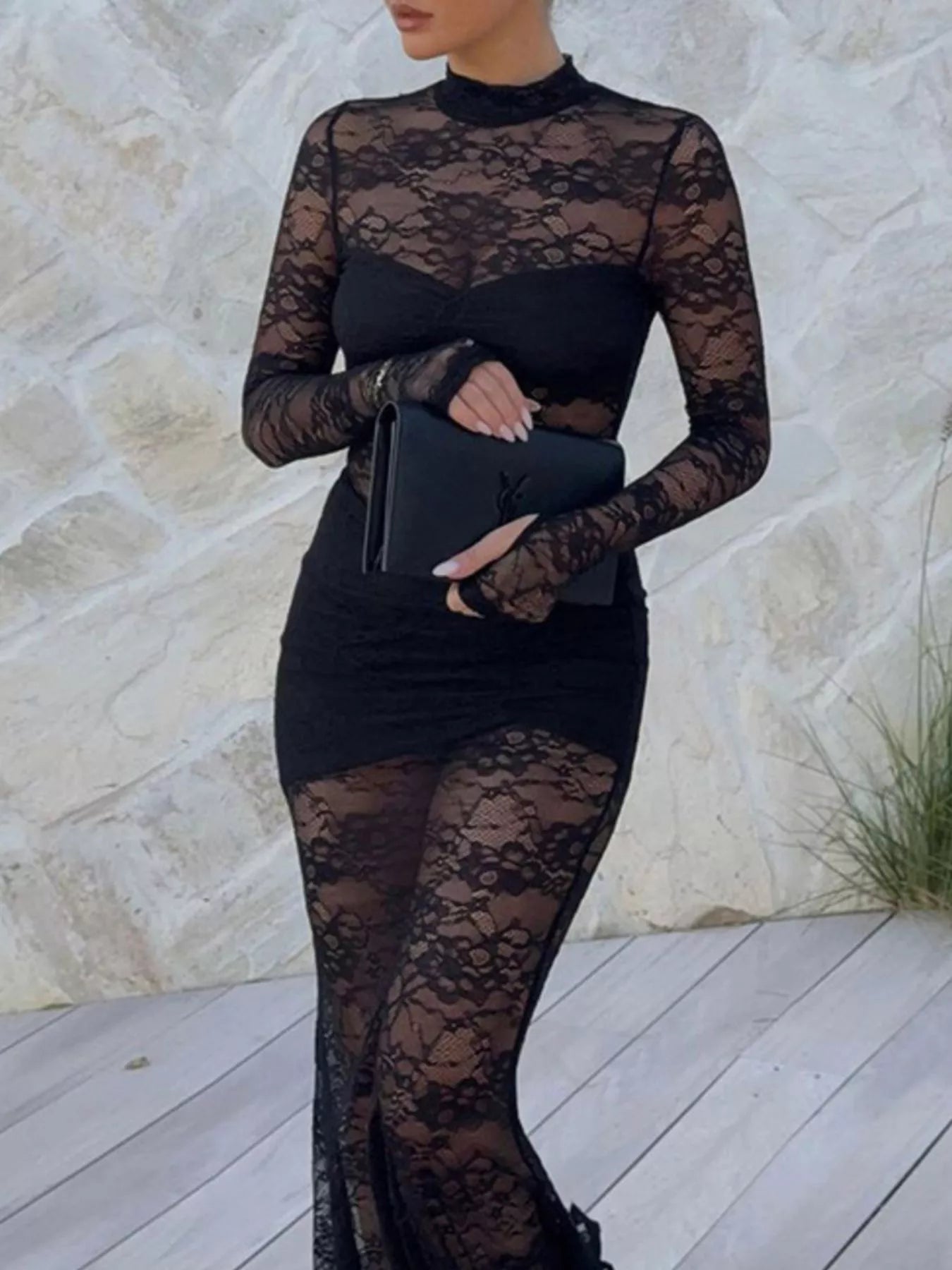 Lace Sheer Mock Neck Long Sleeve Maxi Dress Secondary image