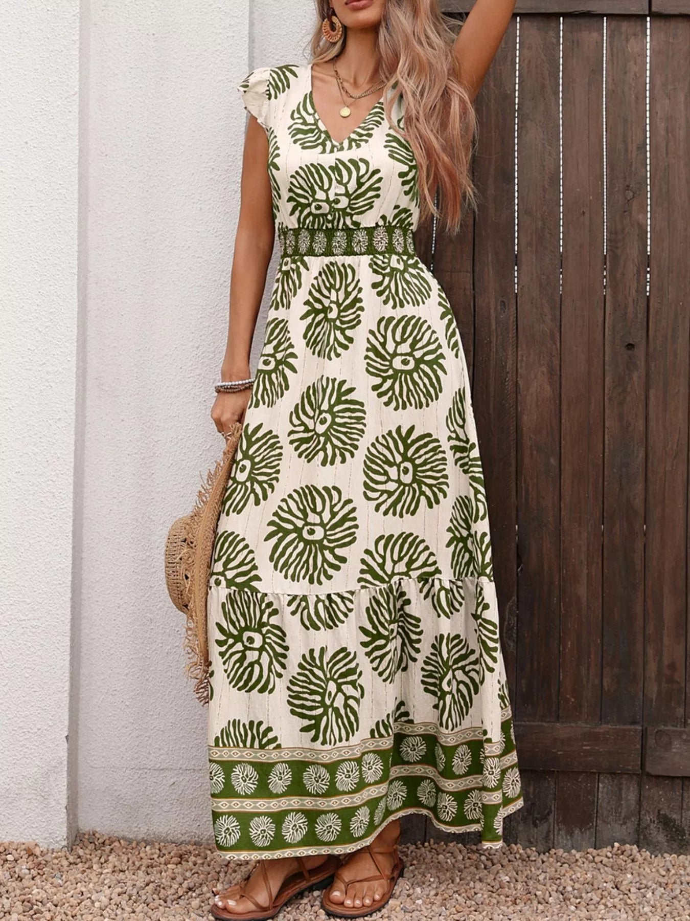 Printed V-Neck Cap Sleeve Maxi Dress Secondary image