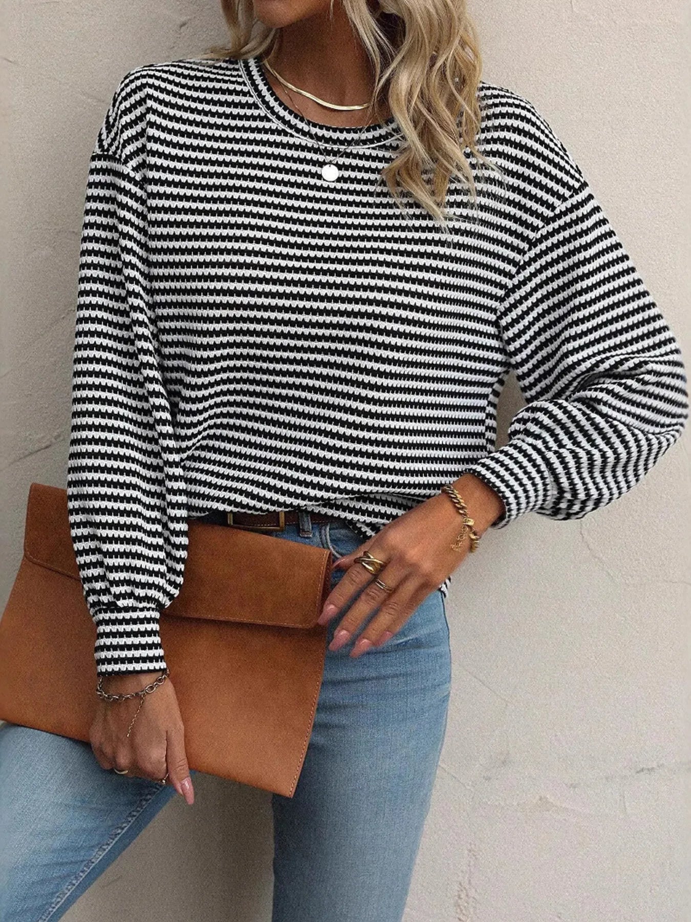 Striped Round Neck Lantern Sleeve Top Secondary image