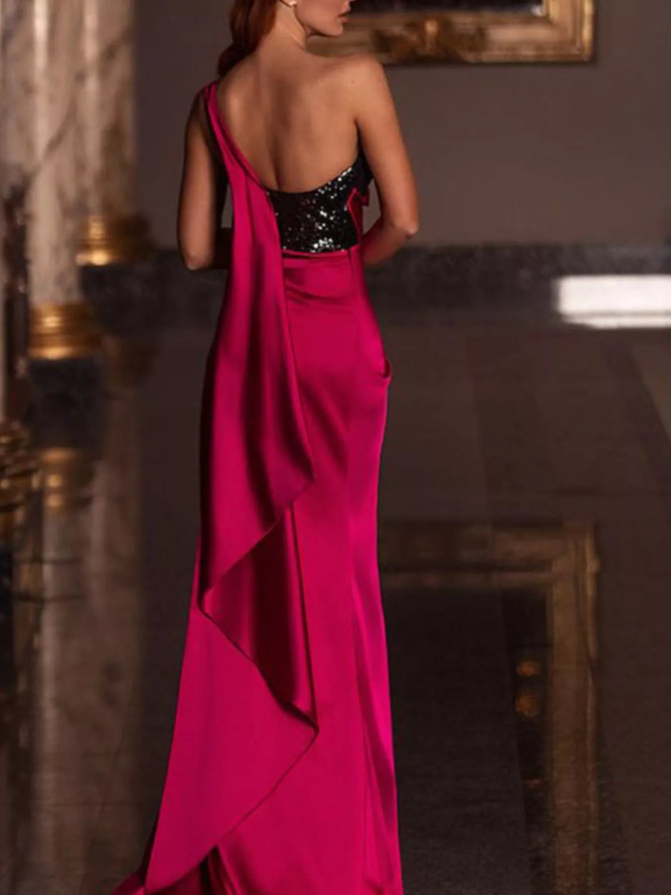 One-Shoulder Sequin Bodice Satin Gown with High Slit Secondary image