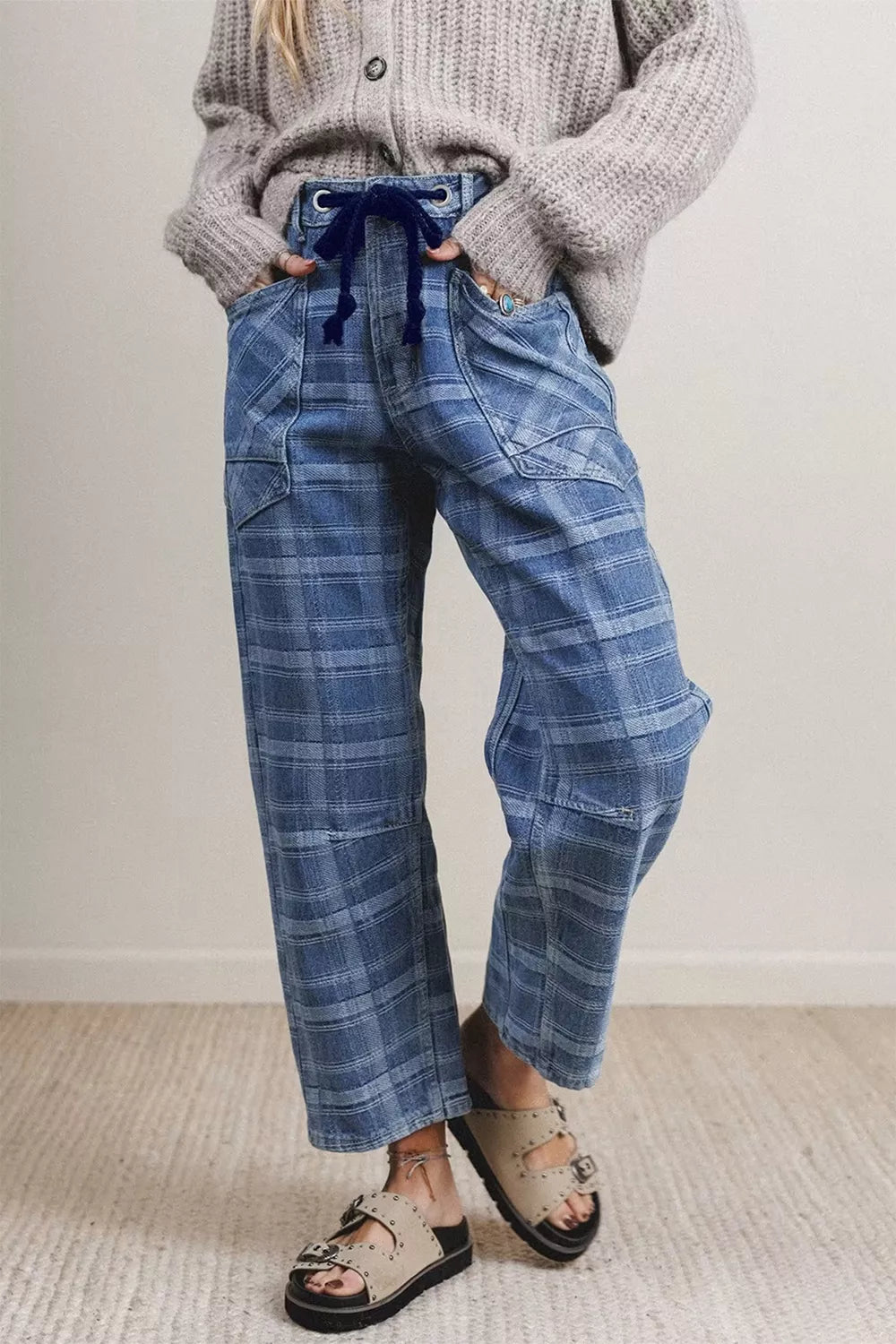 Plaid Denim Grommet Drawstring Waist Ankle-Length Jeans Secondary image