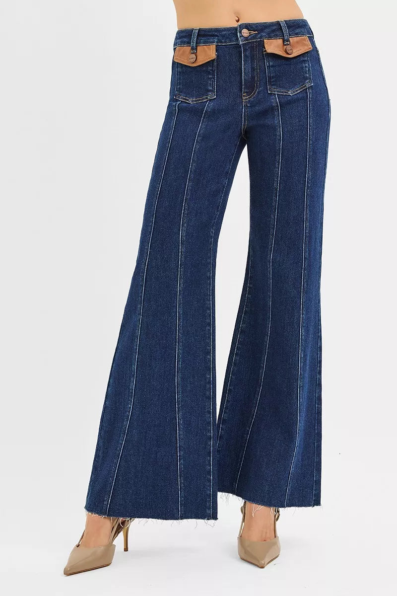 RISEN High Rise Wide Flare Jeans with Front Leather Pocket Detail Secondary image