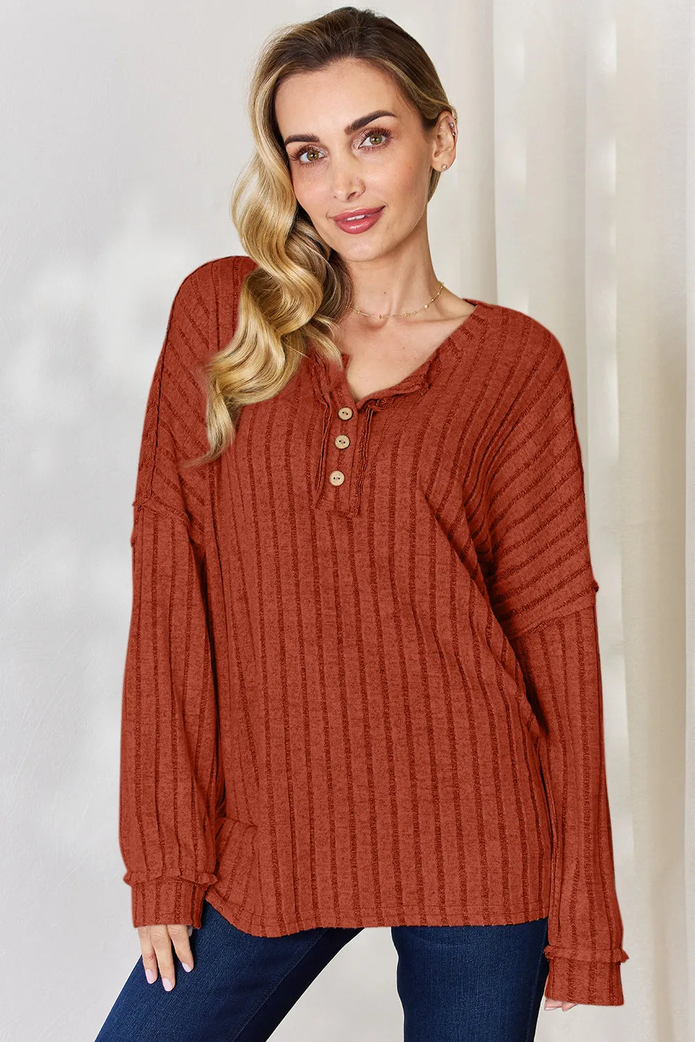 Basic Bae Full Size Ribbed Half Button Long Sleeve T-Shirt Secondary image