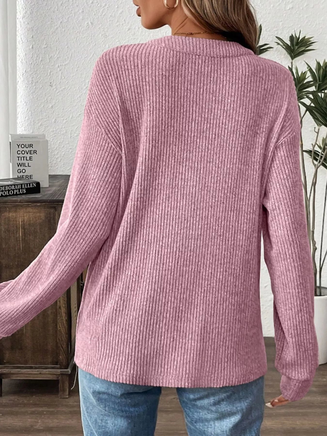 Ribbed Texture Drop Shoulder Henley Top Secondary image