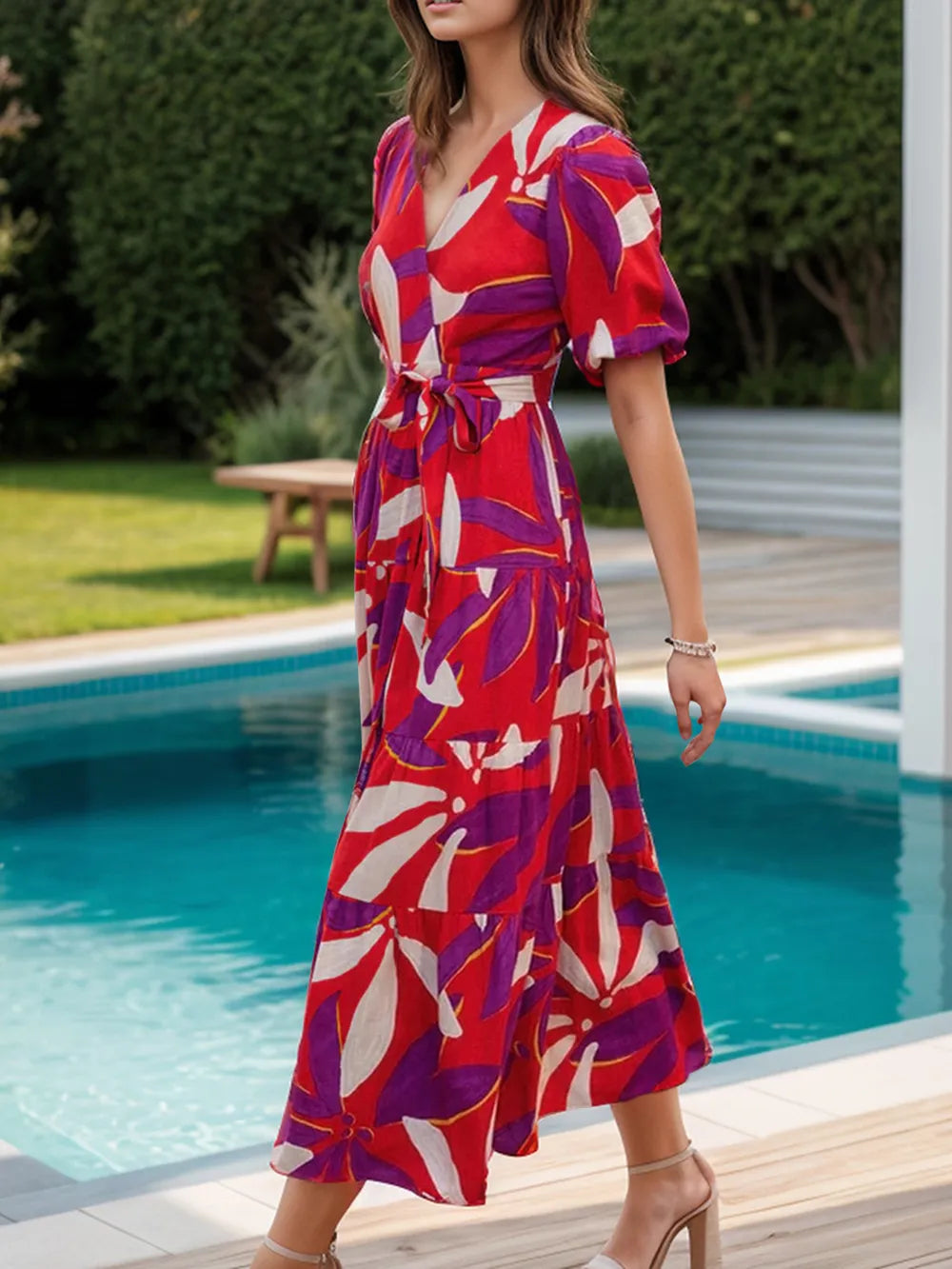 Tied Slit Printed Half Sleeve Midi Dress Secondary image