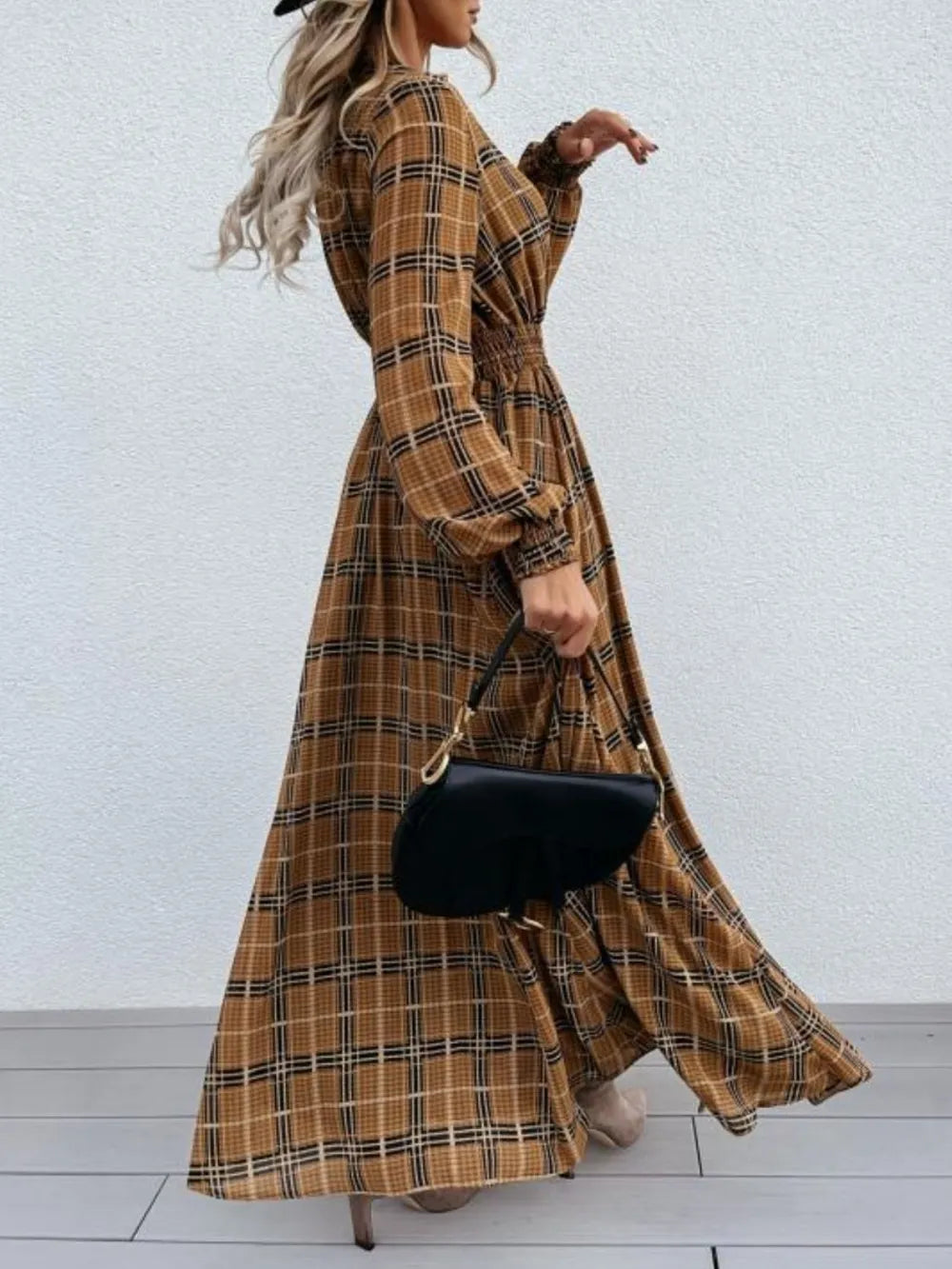 Slit Plaid Tie Neck Long Sleeve Maxi Dress Secondary image