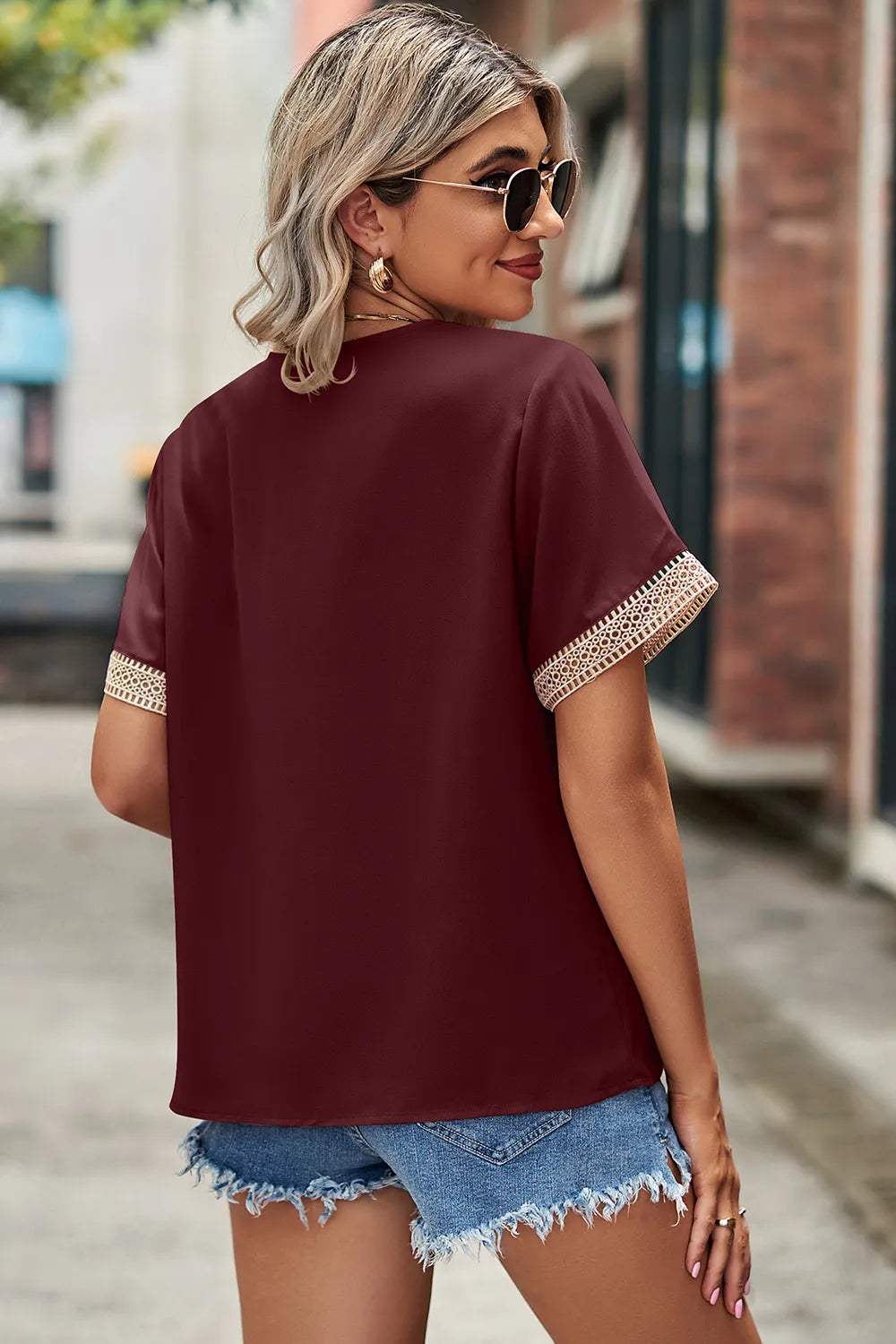 Openwork V-Neck Short Sleeve T-Shirt Secondary image